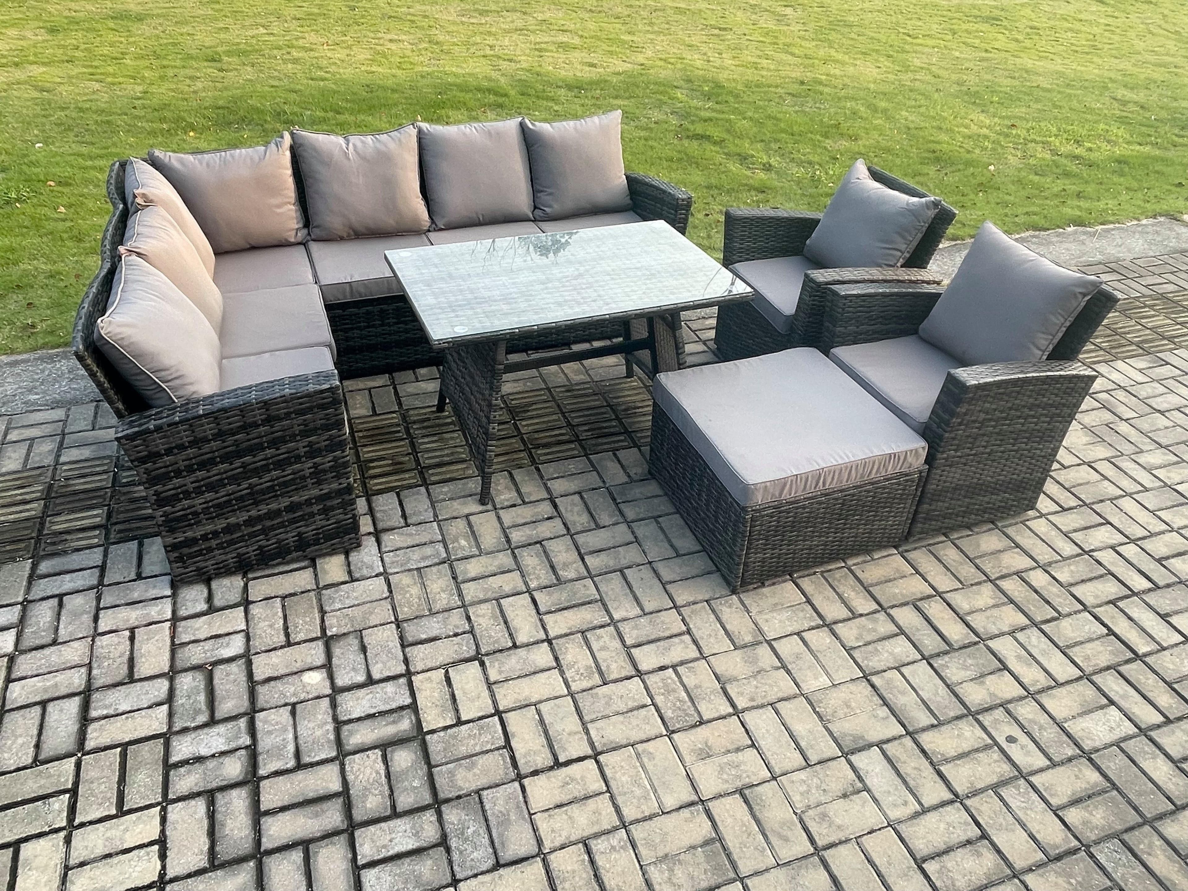 High Back Outdoor Garden Furniture Set Rattan Corner Sofa Dining Table Set Big Footstool Armchair