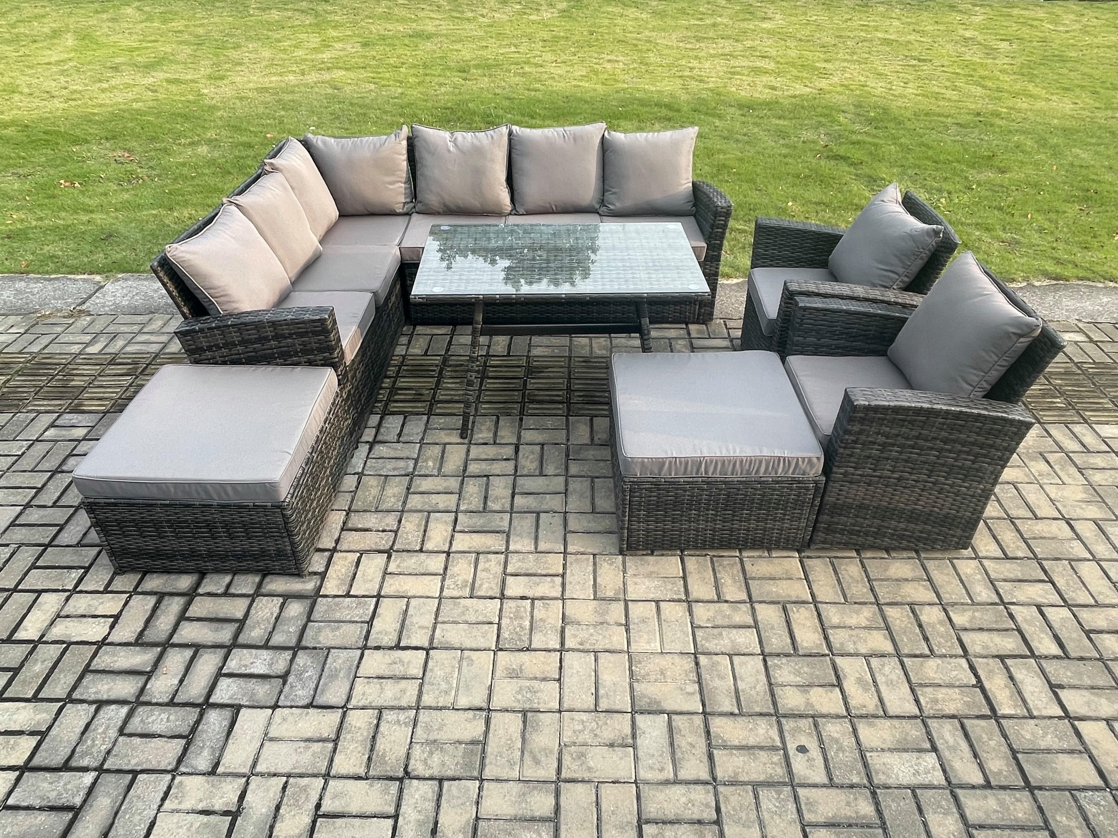 High Back Outdoor Garden Furniture Set Rattan Corner Sofa Dining Table Set 2 Big Footstool