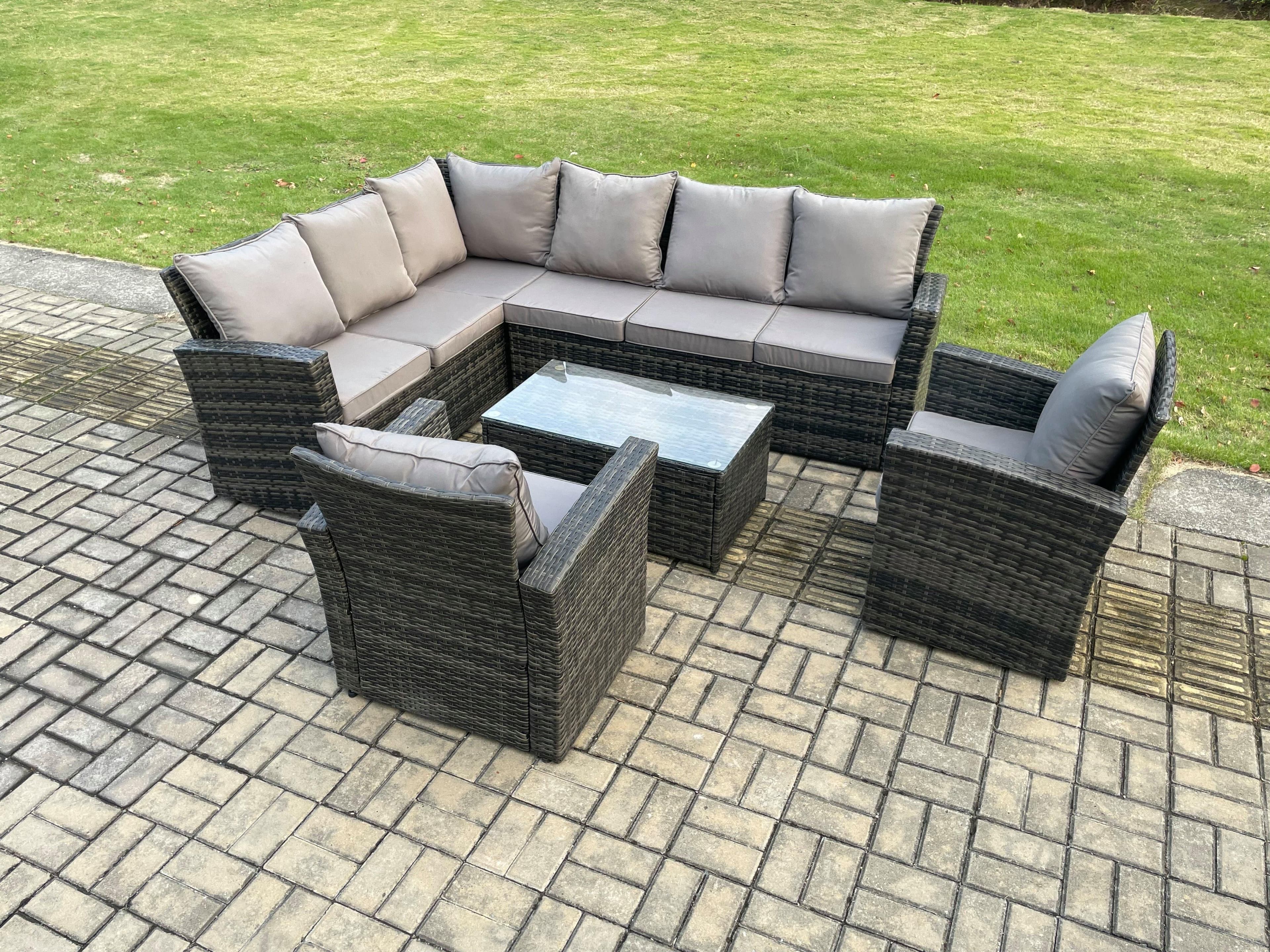 8 Seater High Back Outdoor Garden Furniture Set Rattan Corner Sofa Set 2 Armchairs Dark Grey Mixed