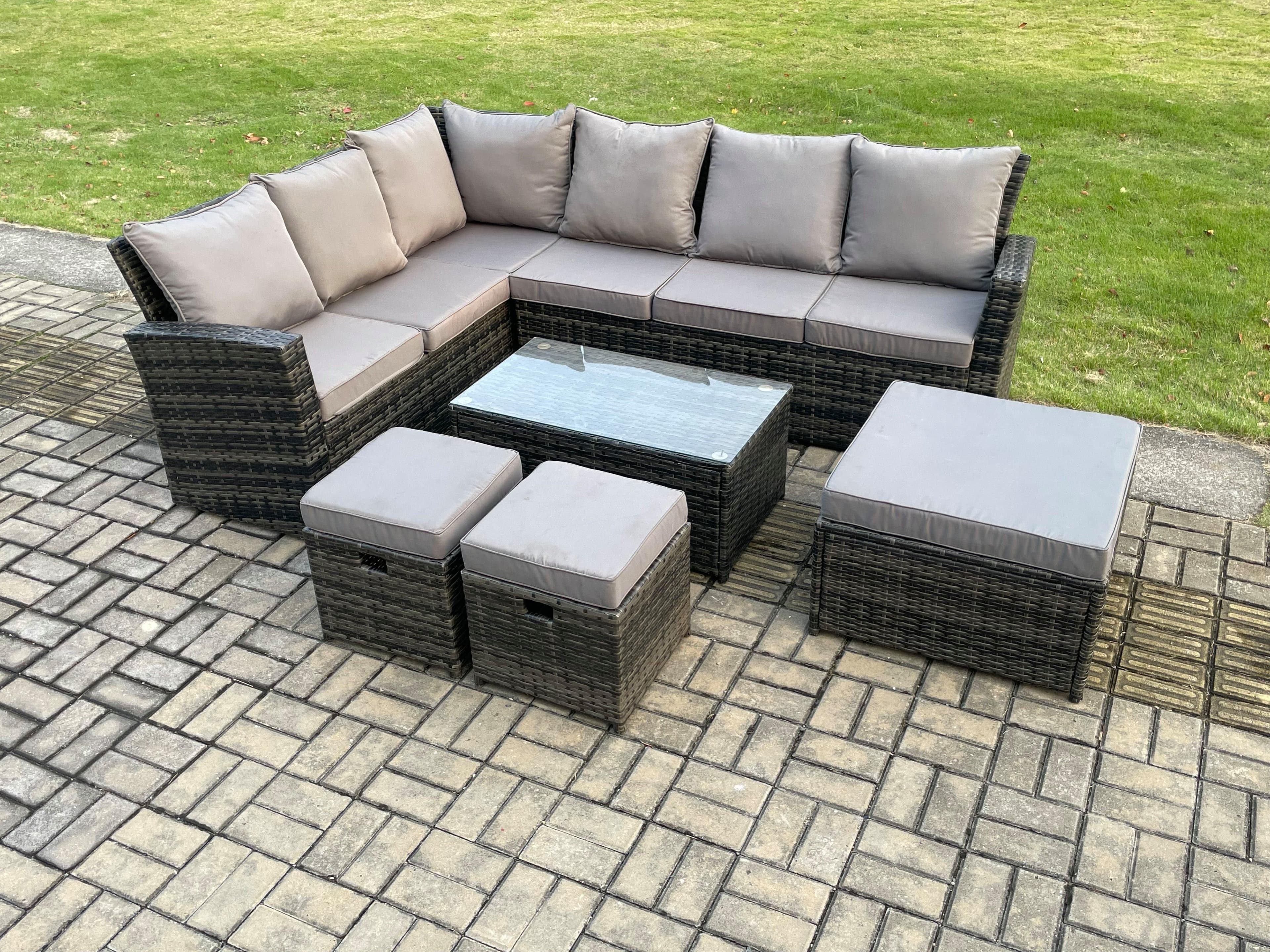 9 Seater High Back Outdoor Garden Furniture Set Rattan Corner Sofa Set Rectangular Coffee Table