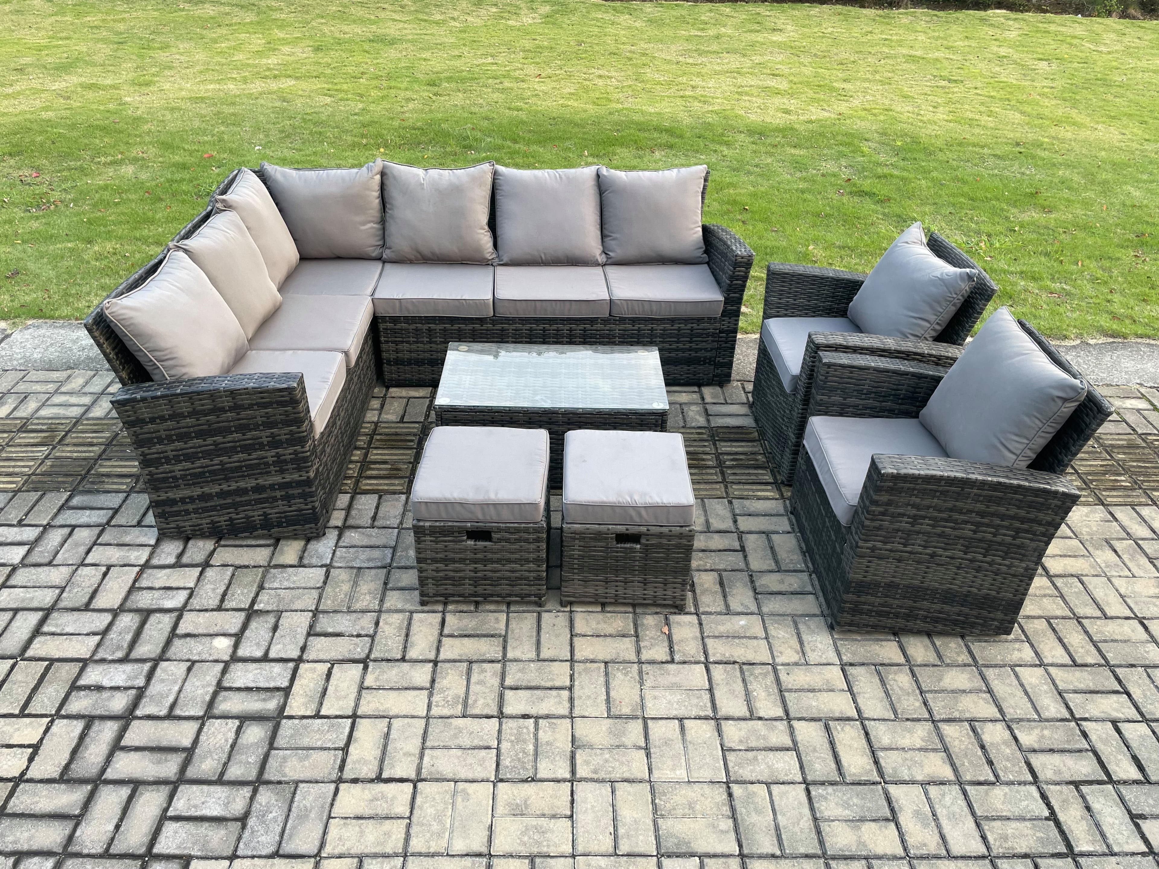 10 Seater High Back Outdoor Garden Furniture Set Rattan Corner Sofa Set Rectangular Coffee Table