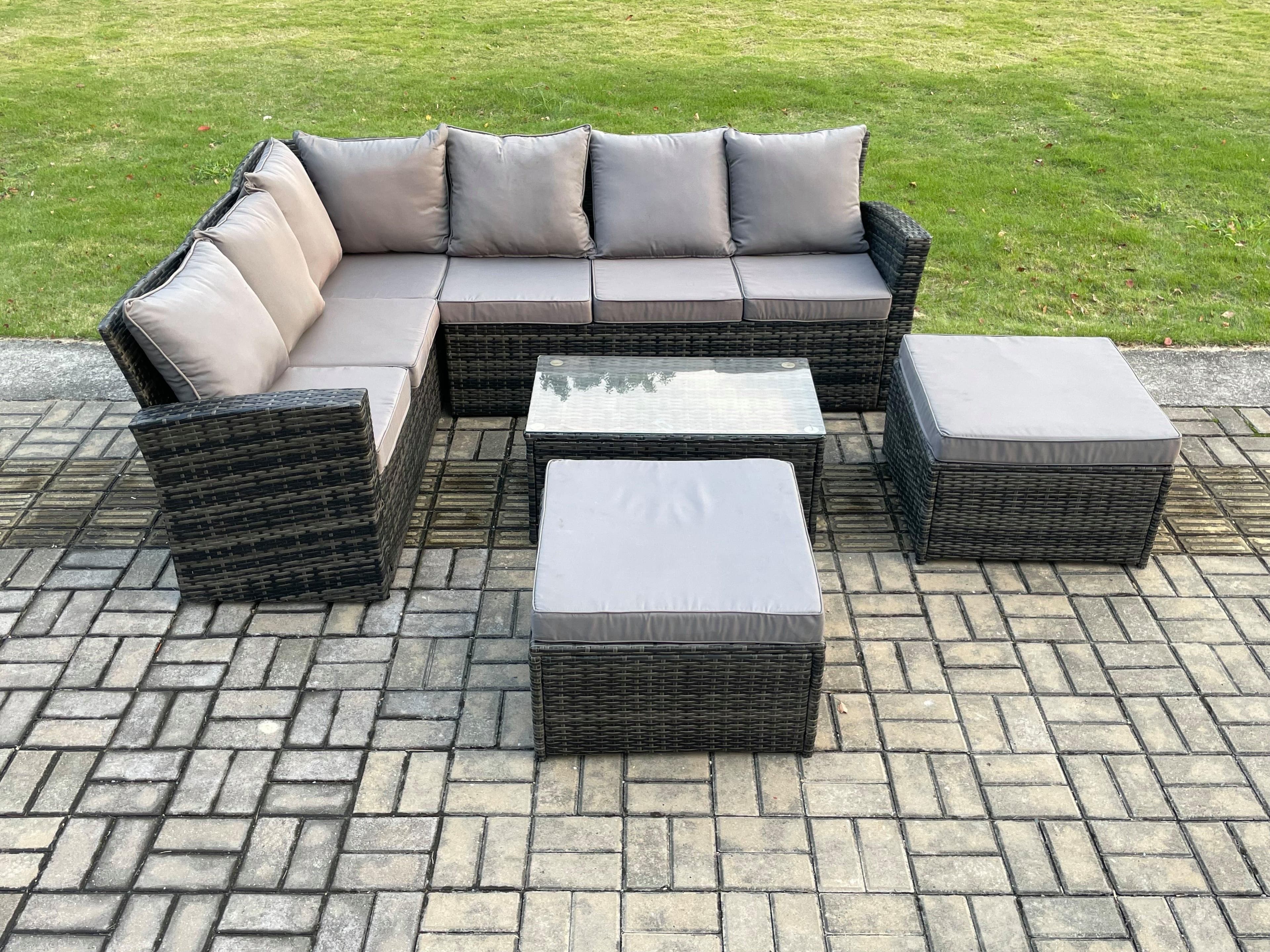 8 Seater High Back Outdoor Garden Furniture Set Rattan Corner Sofa Set Big Footstool Dark Grey Mixed