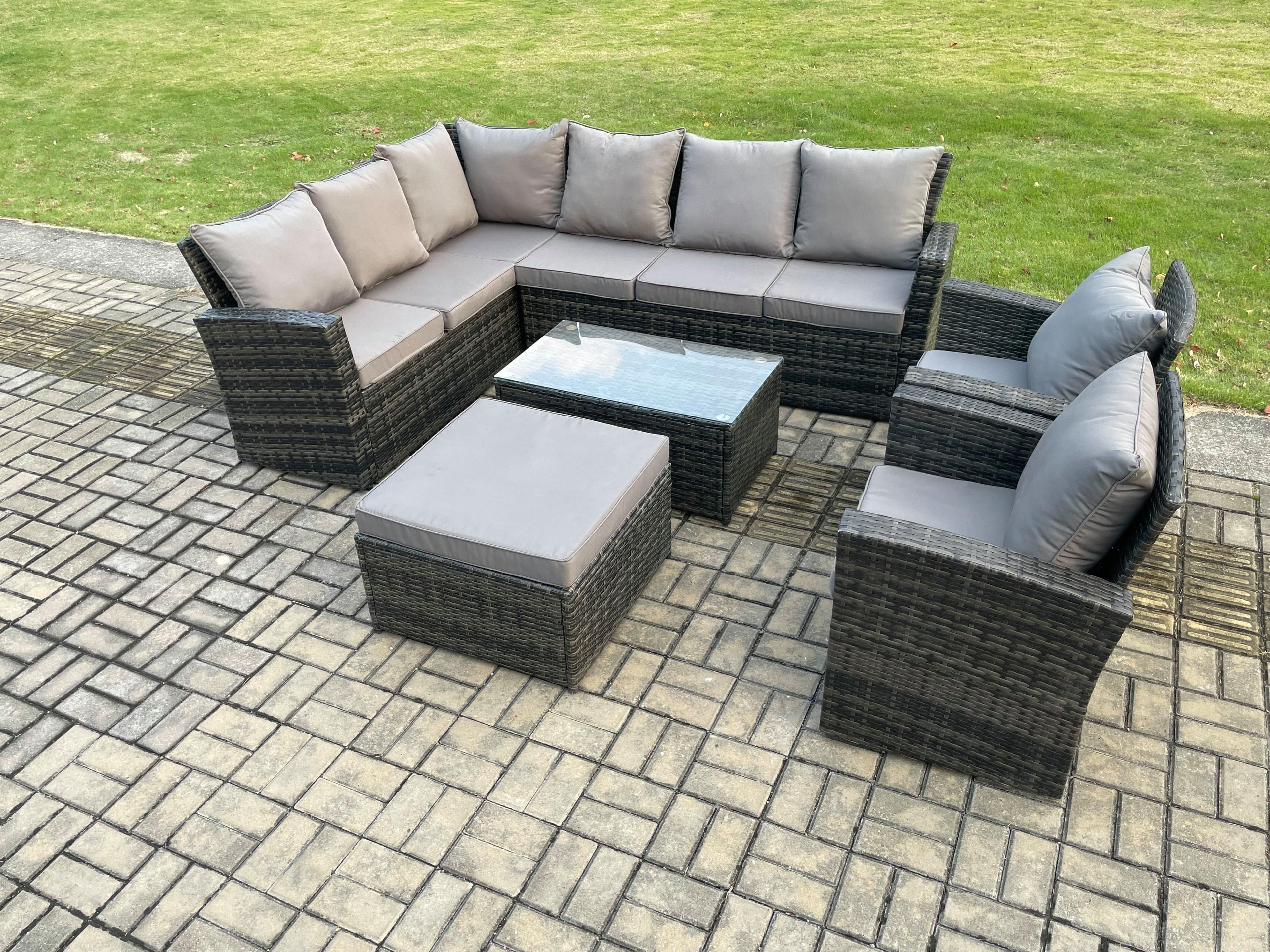 9 Seater High Back Outdoor Garden Furniture Set Rattan Corner Sofa Set Rectangular Coffee Table Big Footstool