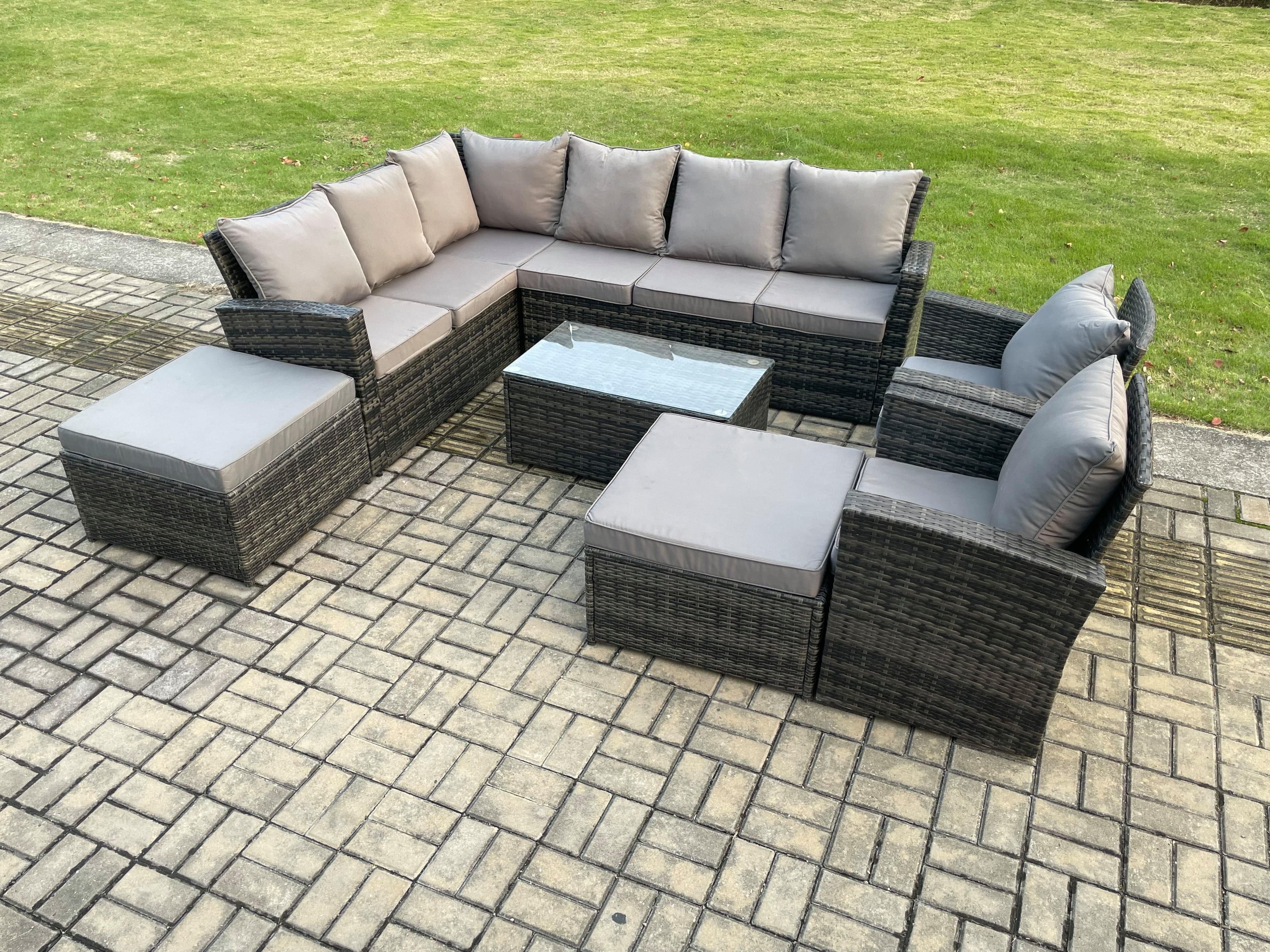 10 Seater High Back Outdoor Garden Furniture Set Rattan Corner Sofa Set Rectangular Coffee Table 2 Big Footstool