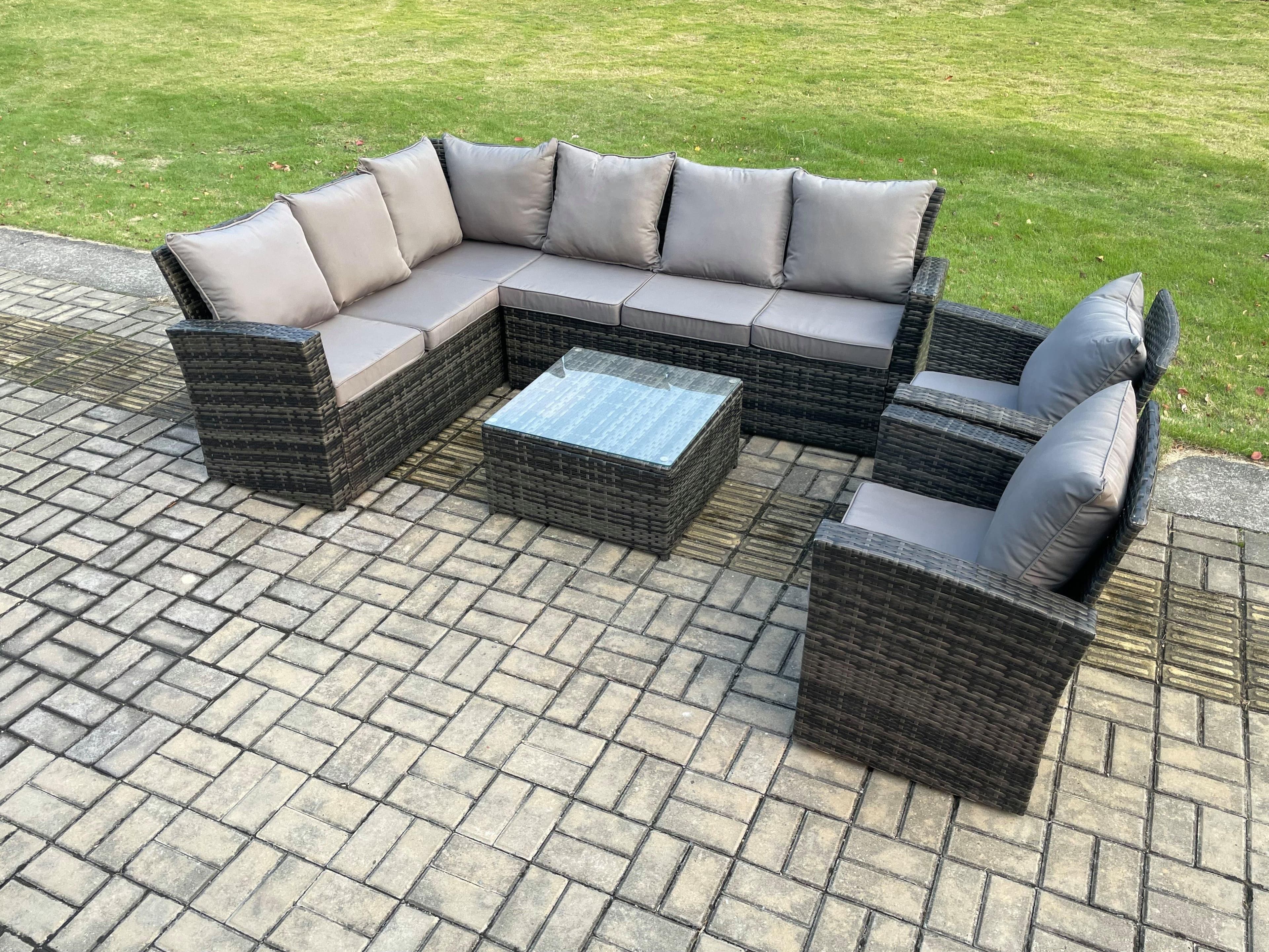 Rattan Garden Furniture Set Outdoor Lounge Corner Sofa Set Square Coffee Table 2 Armchairs 8 Seater Dark Grey Mixed