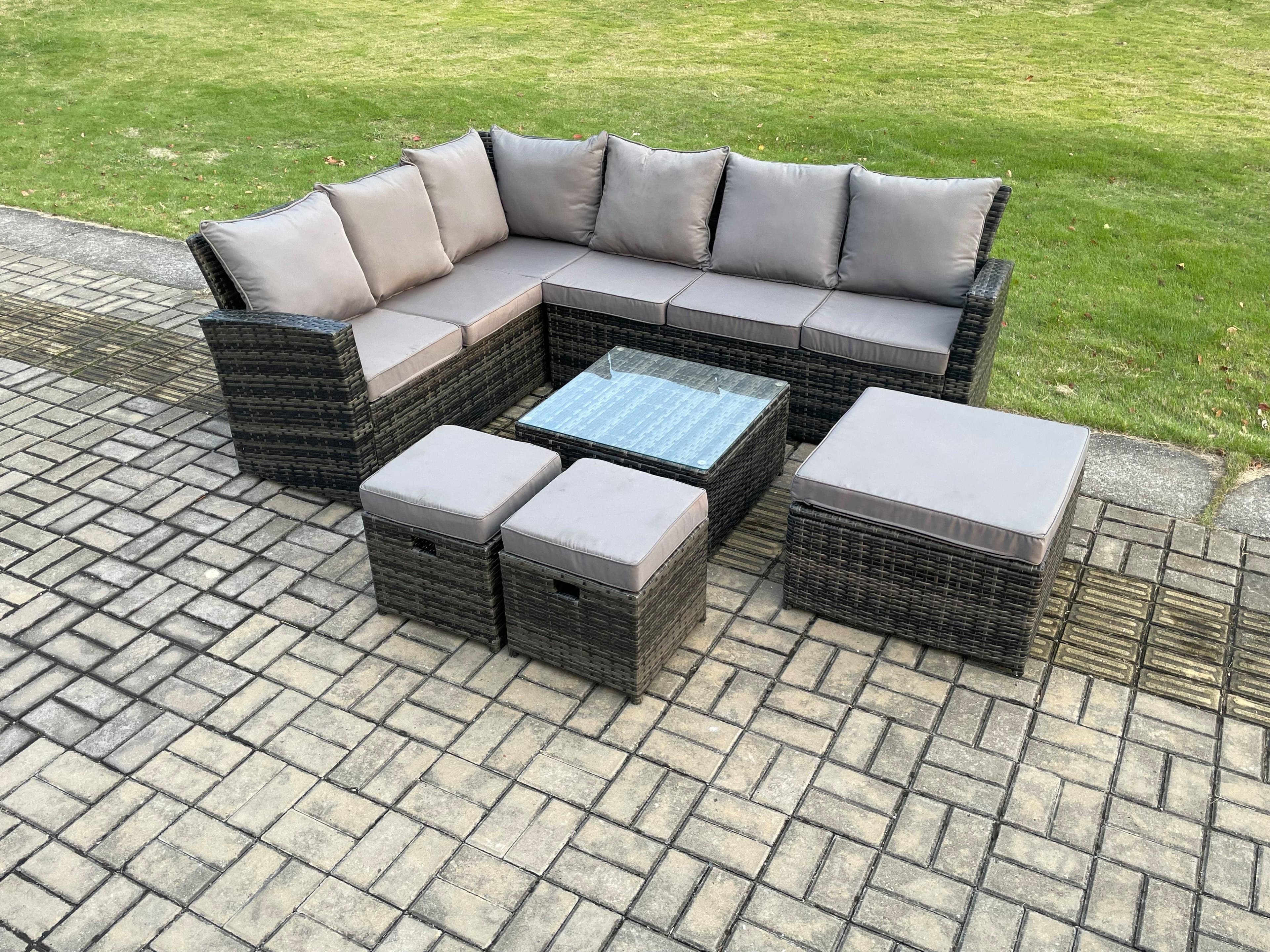 Rattan Garden Furniture Set Outdoor Lounge Corner Sofa Set Square Coffee Table 3 Footstools 9 Seater Dark Grey Mixed