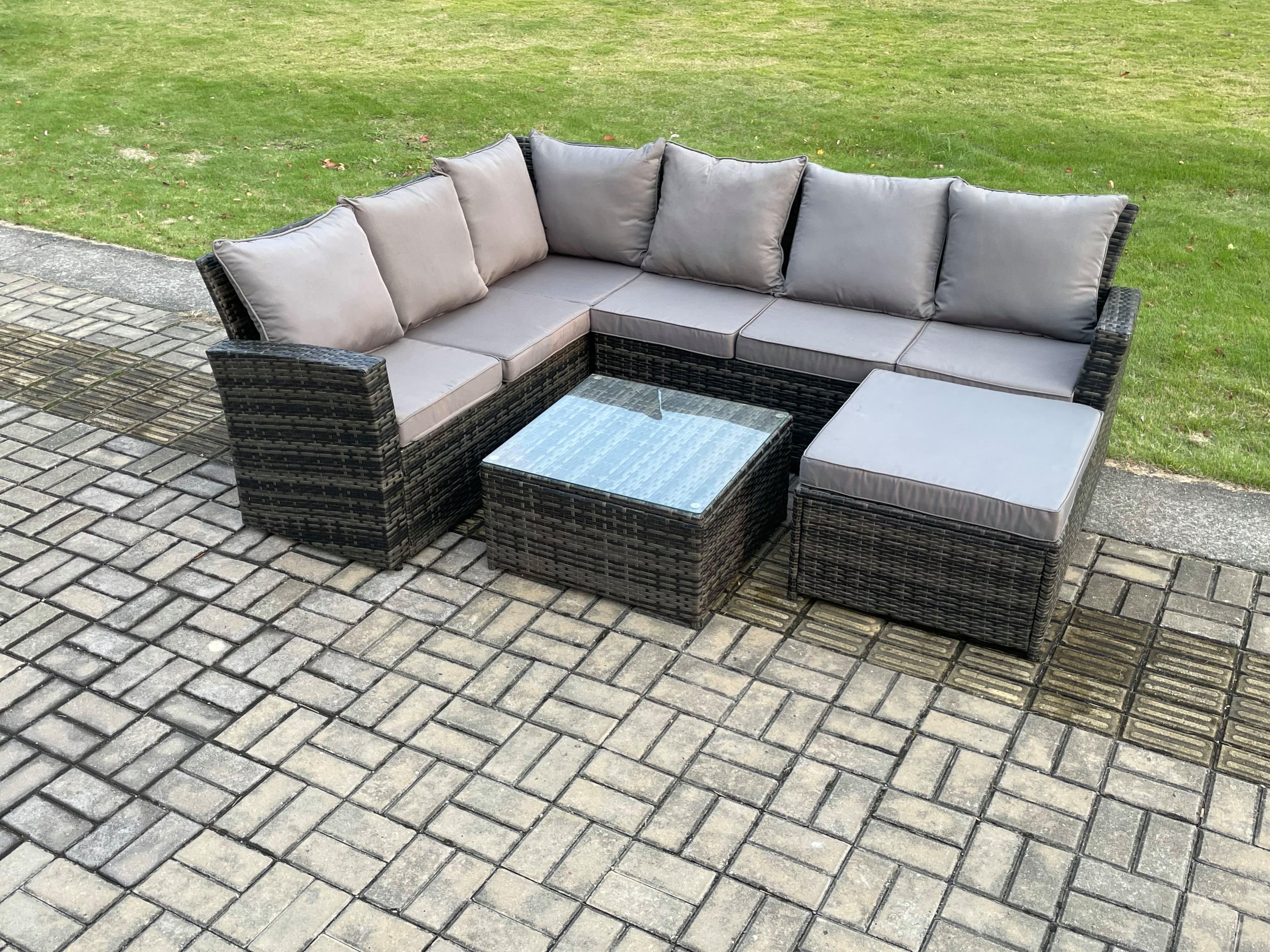 Rattan Garden Furniture Set Outdoor Lounge Corner Sofa Set Square Coffee Table Big Footstool 7 Seater Dark Grey Mixed
