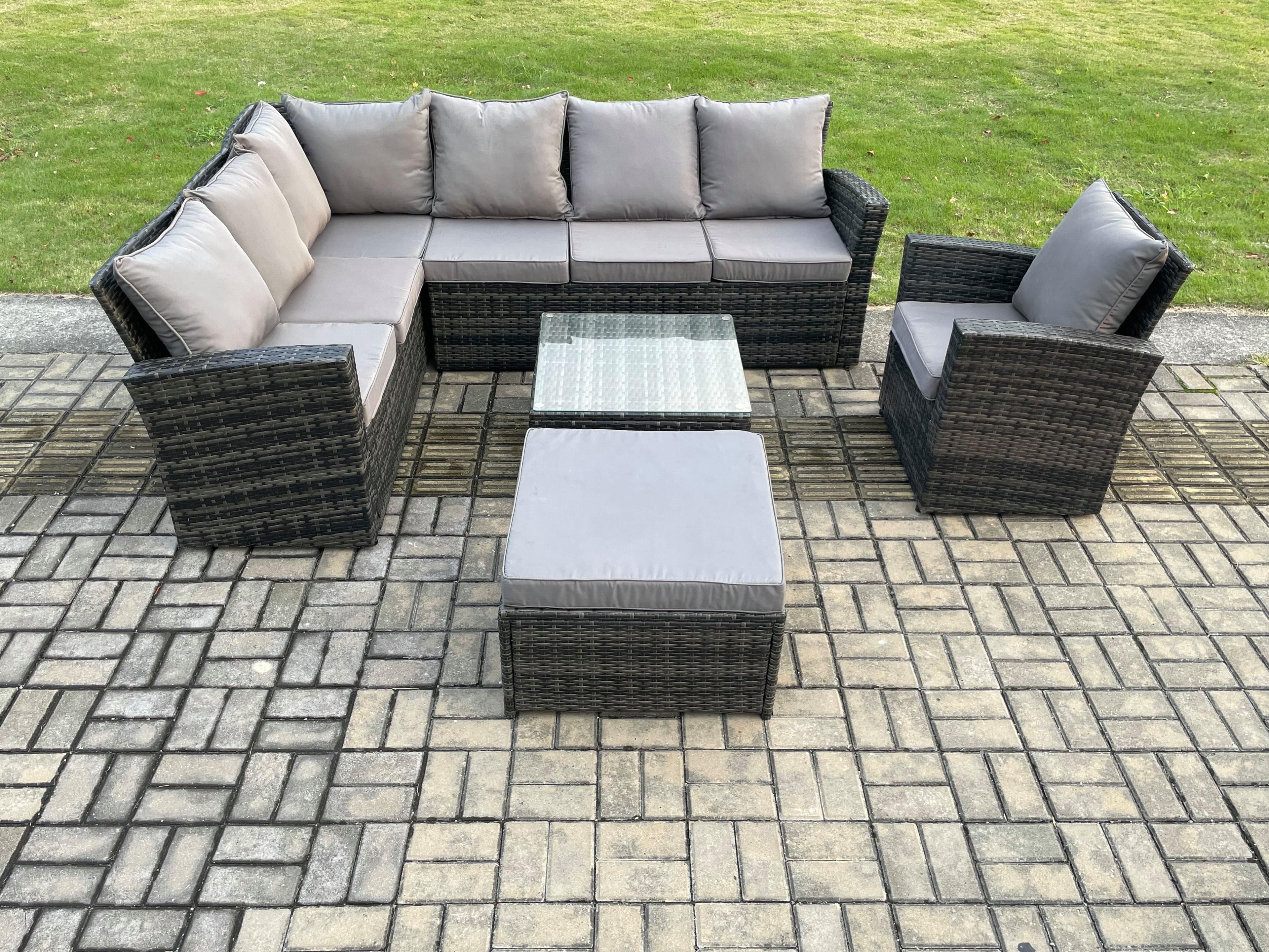 Rattan Garden Furniture Set Outdoor Lounge Corner Sofa Set Square Coffee Table Big Footstool Armchair 8 Seater