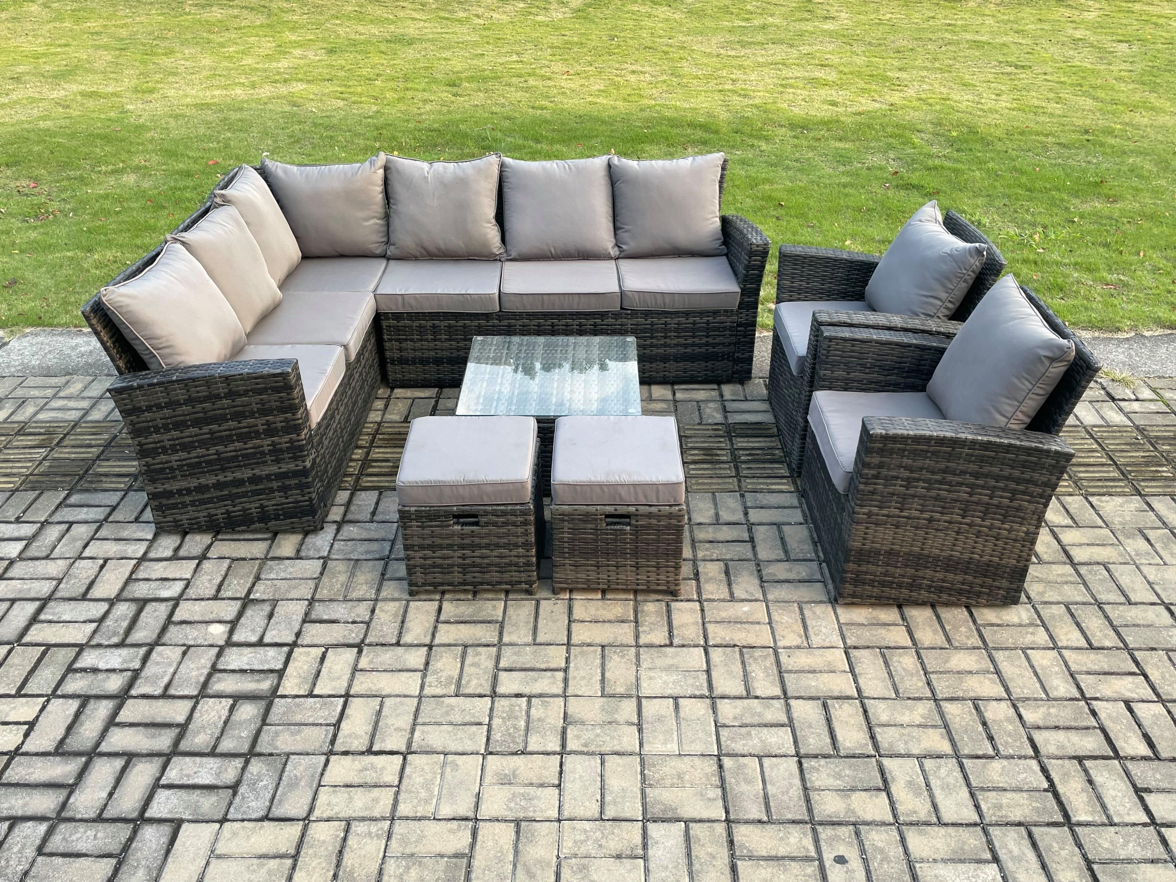 Rattan Garden Furniture Set Outdoor Lounge Corner Sofa Set Square Coffee Table 2 Small Footstools Armchair 10 Seater