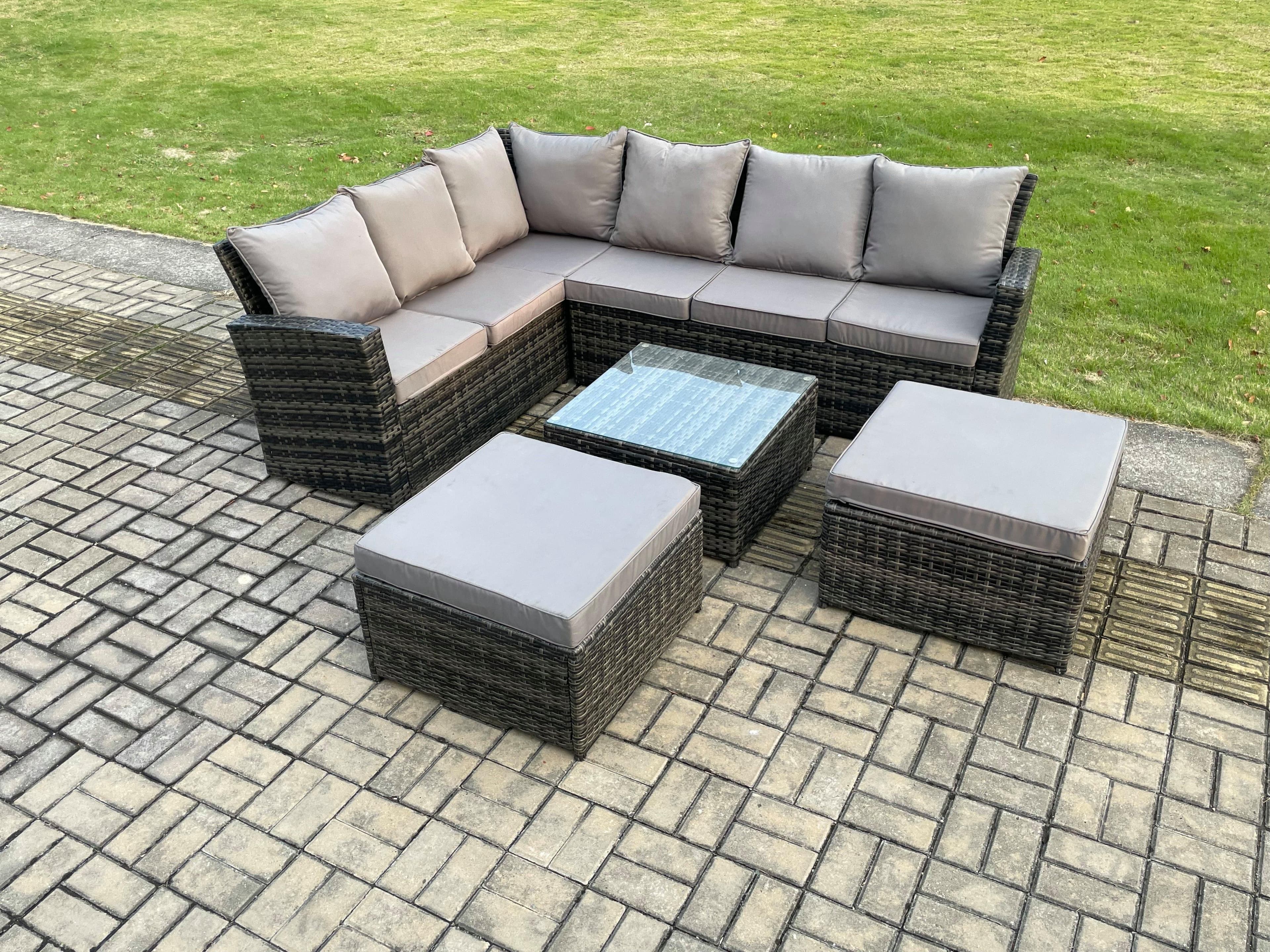 Rattan Garden Furniture Set Outdoor Lounge Corner Sofa Set Square Coffee Table 2 Big Footstool 8 Seater
