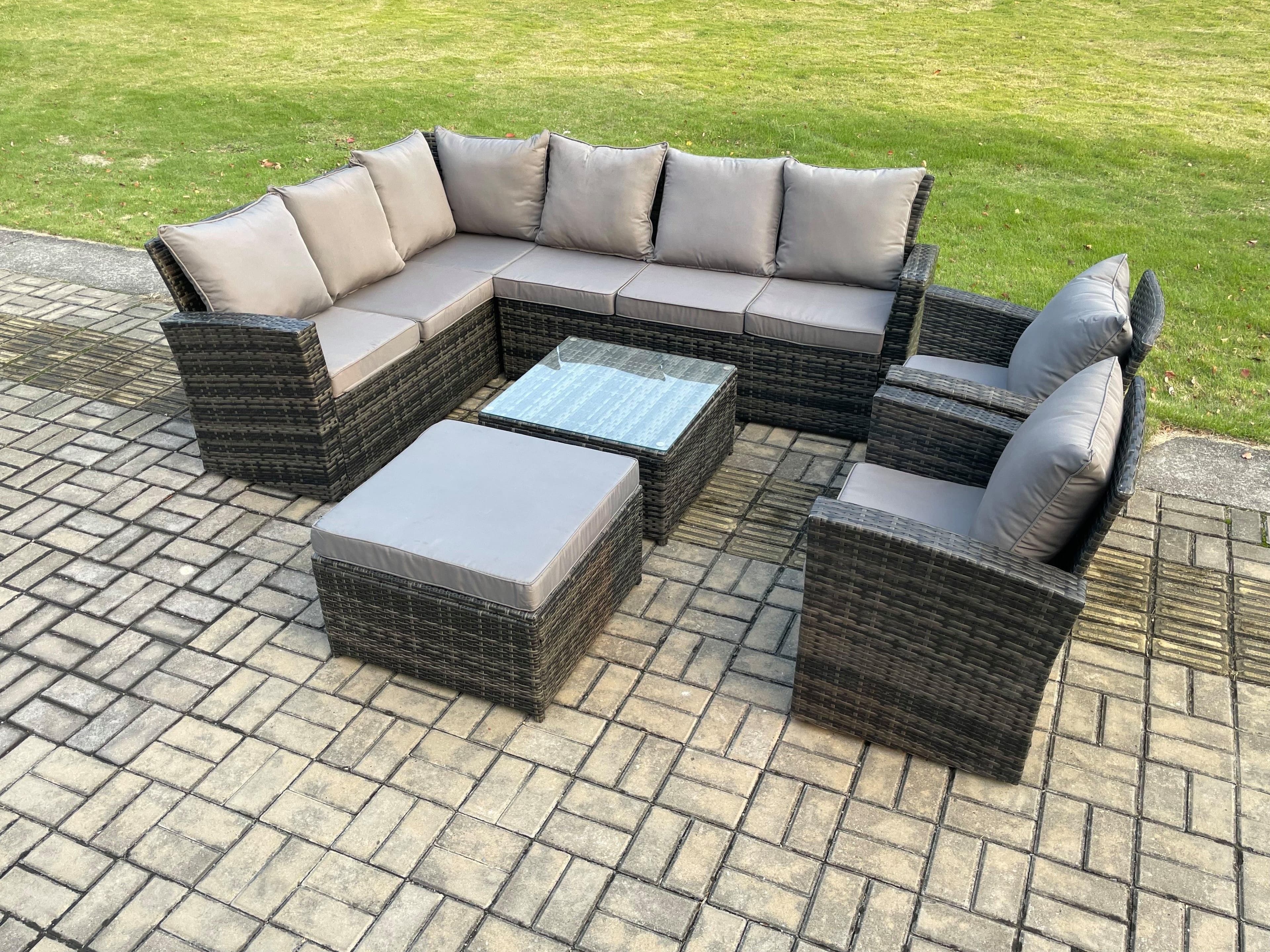 Rattan Garden Furniture Set Outdoor Lounge Corner Sofa Set Square Coffee Table Big Footstool 2 Armchairs