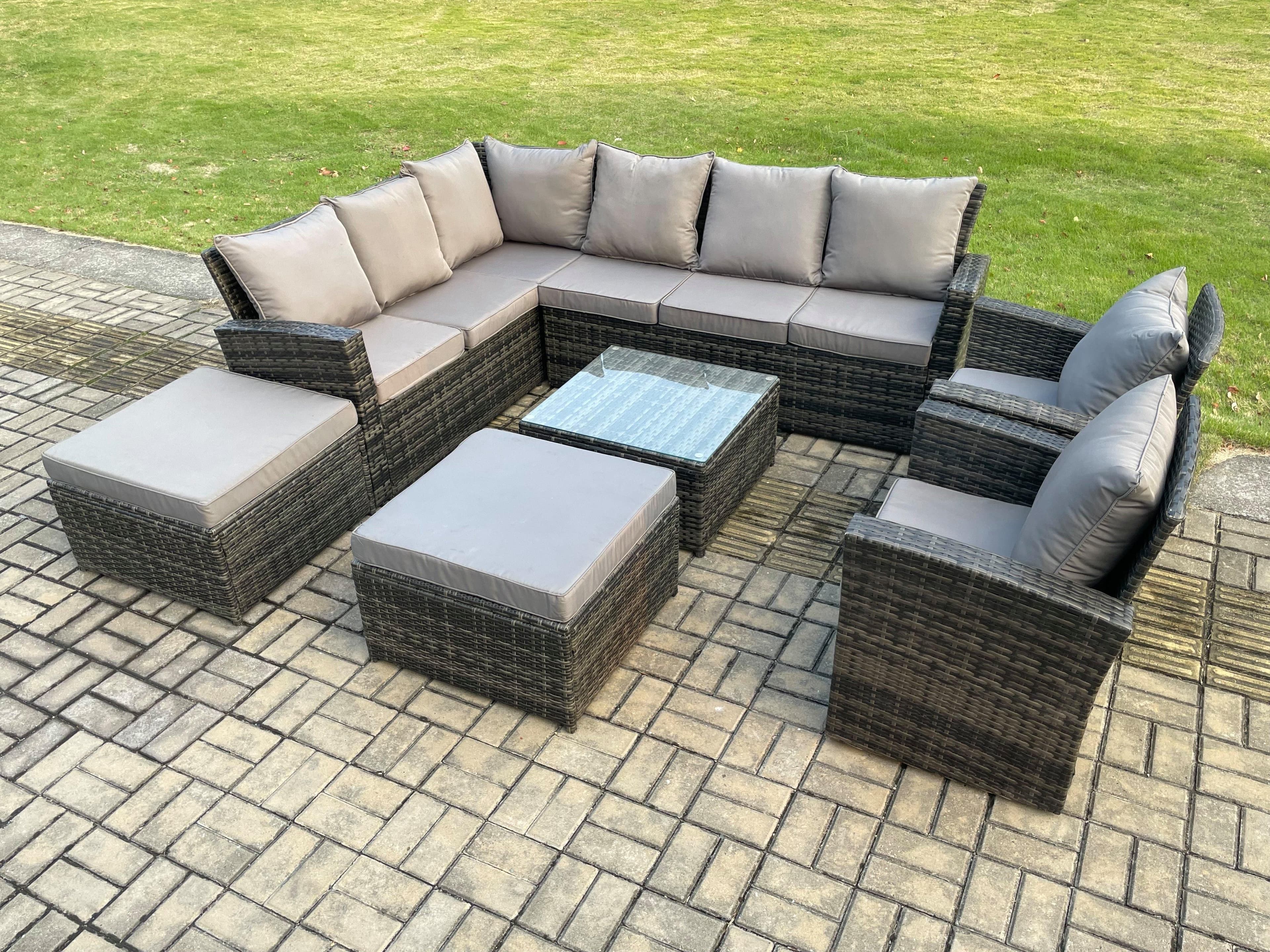 10 Seat Rattan Garden Furniture Corner Sofa Set Outdoor Patio Sofa Table Set 2 Big Footstool Dark Grey Mixed