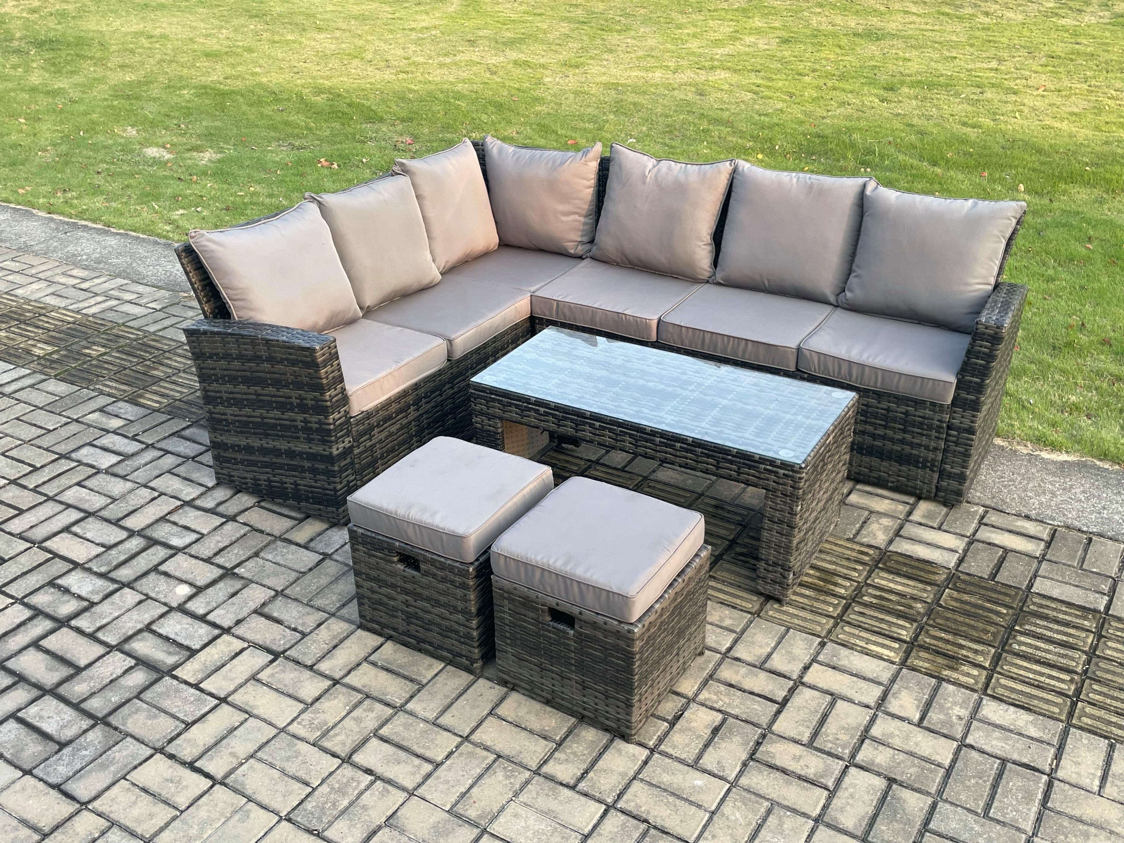8 Seat Rattan Garden Furniture Corner Sofa Set Outdoor Patio Sofa Table Set 2 Small Footstools Dark Grey Mixed