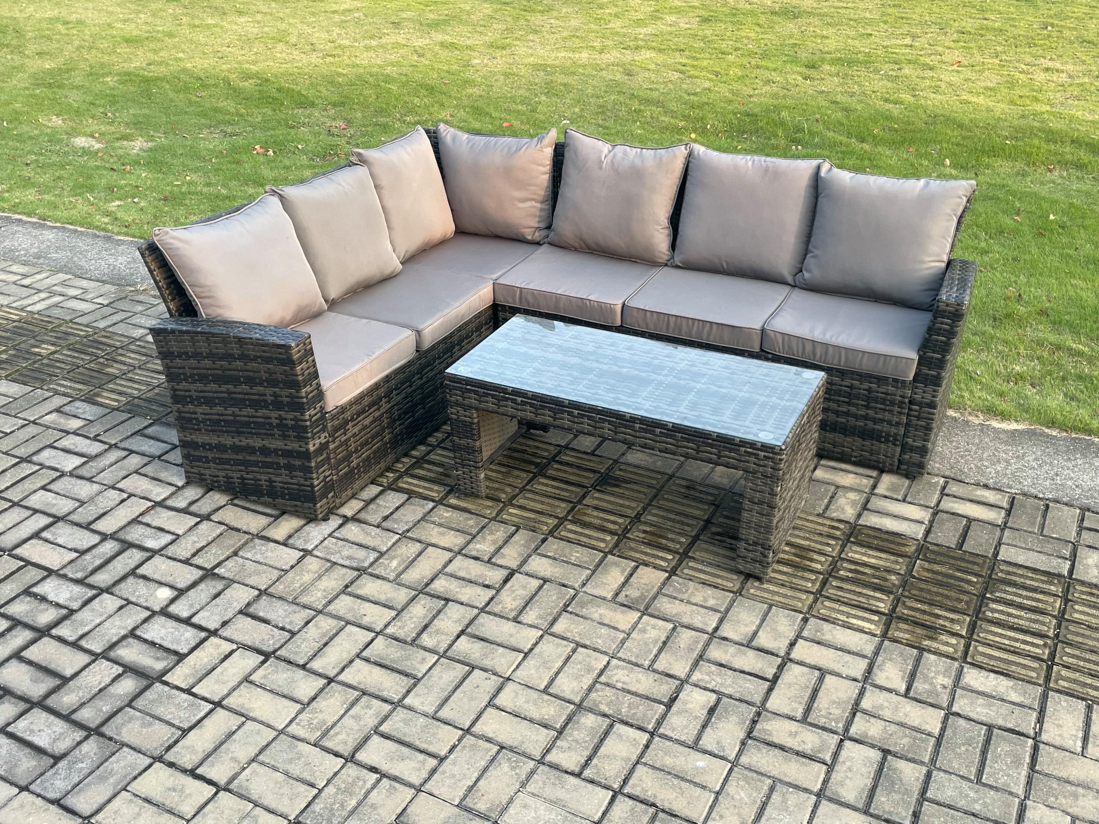 6 Seat Rattan Garden Furniture Corner Sofa Set Outdoor Patio Sofa Table Set Dark Grey Mixed