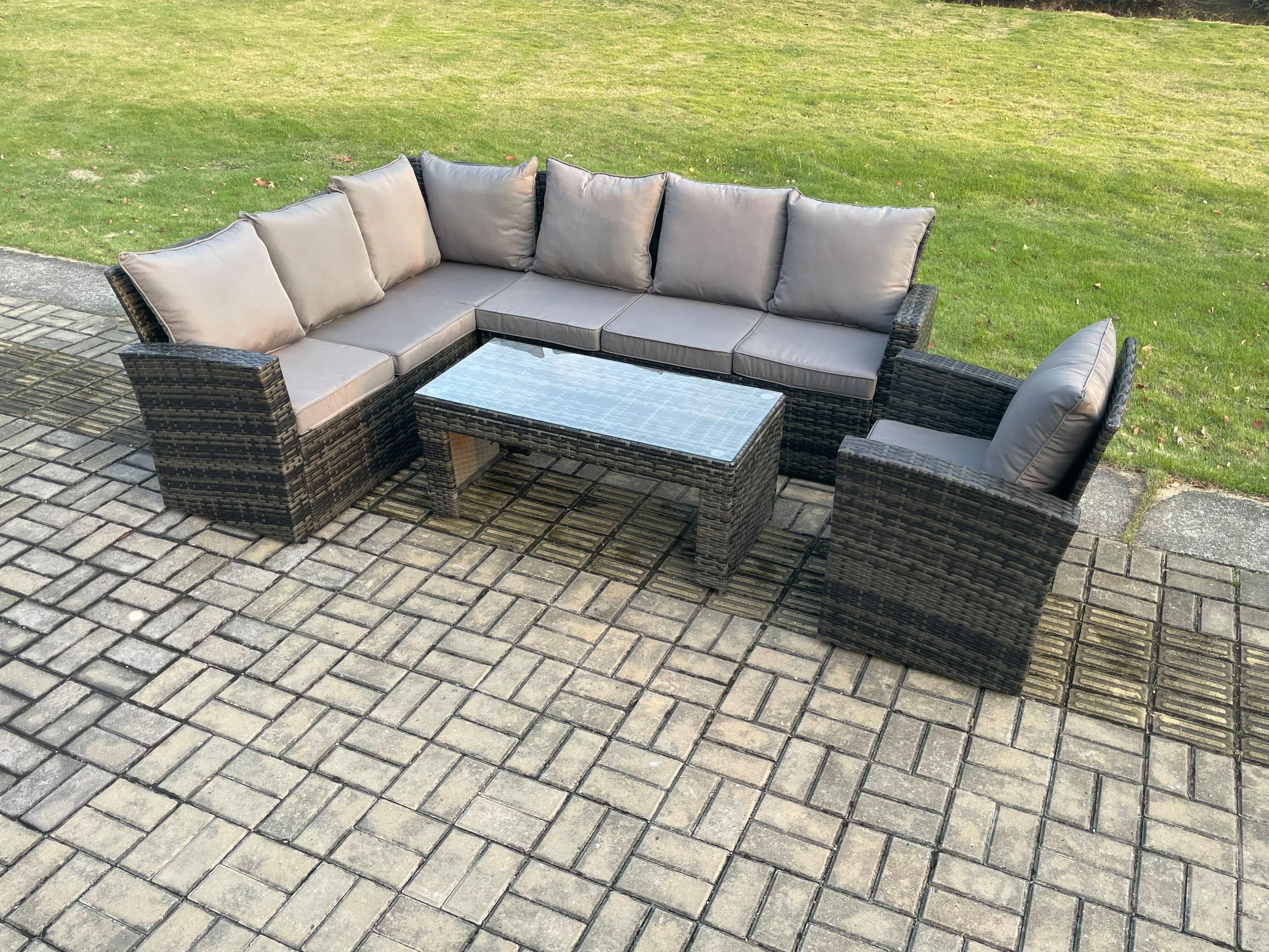 7 Seat Rattan Garden Furniture Corner Sofa Set Outdoor Patio Chair Sofa Table Set Dark Grey Mixed