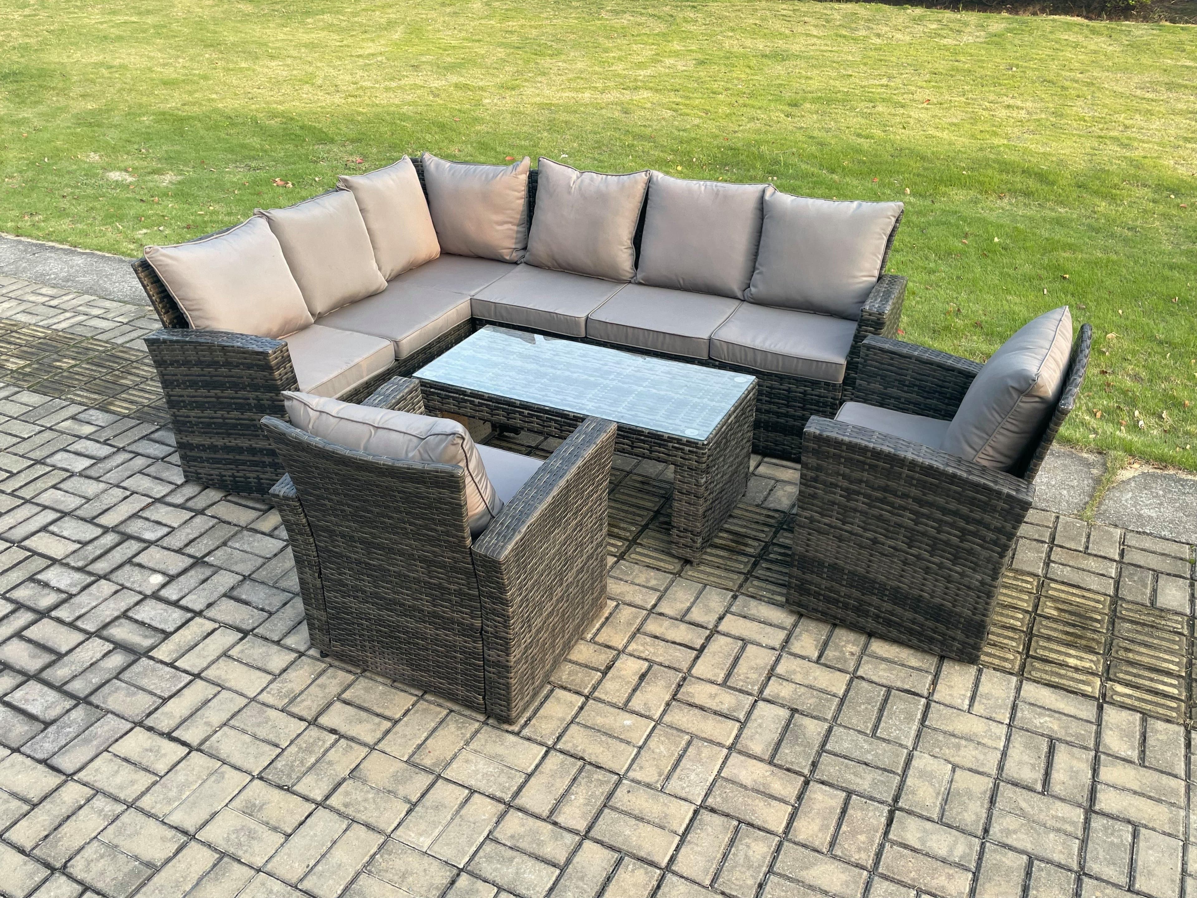 8 Seat Rattan Garden Furniture Corner Sofa Set Outdoor Patio Chair Sofa Table Set Dark Grey Mixed