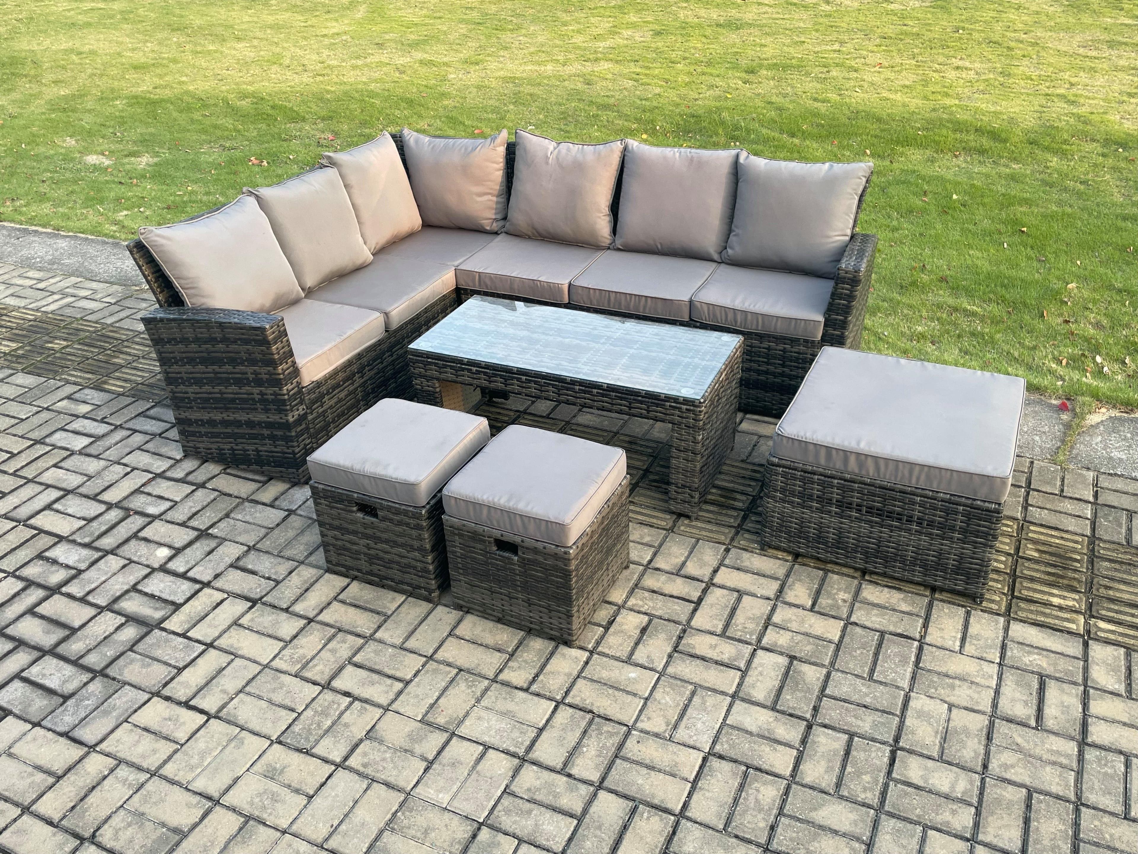 9 Seat Rattan Garden Furniture Corner Sofa Set Outdoor Patio Sofa Table Set 3 Footstools Dark Grey Mixed