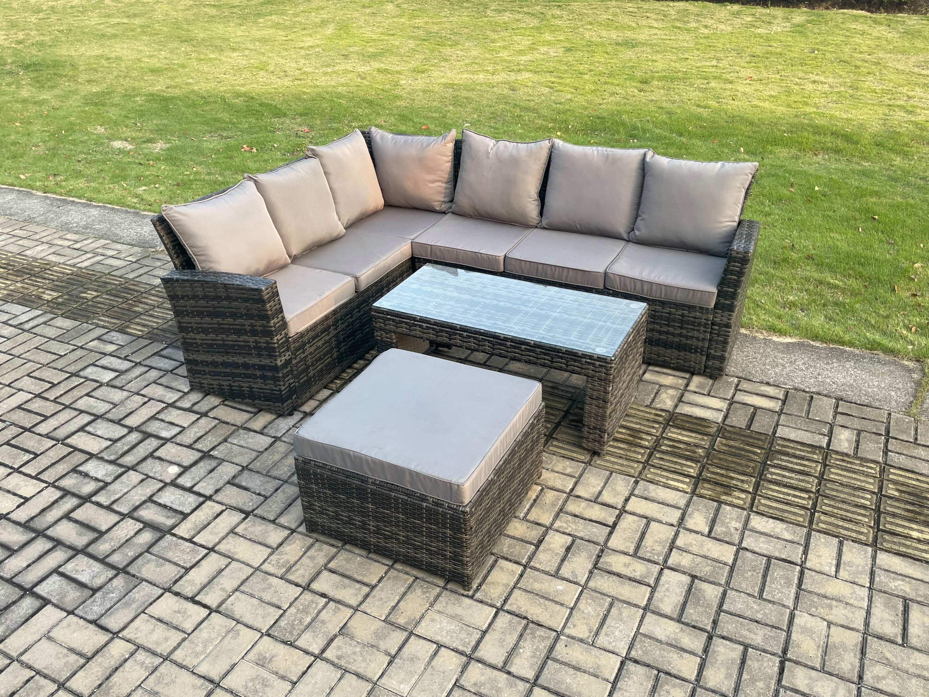 7 Seat Rattan Garden Furniture Corner Sofa Set Outdoor Patio Sofa Table Set Big Footstool Dark Grey Mixed