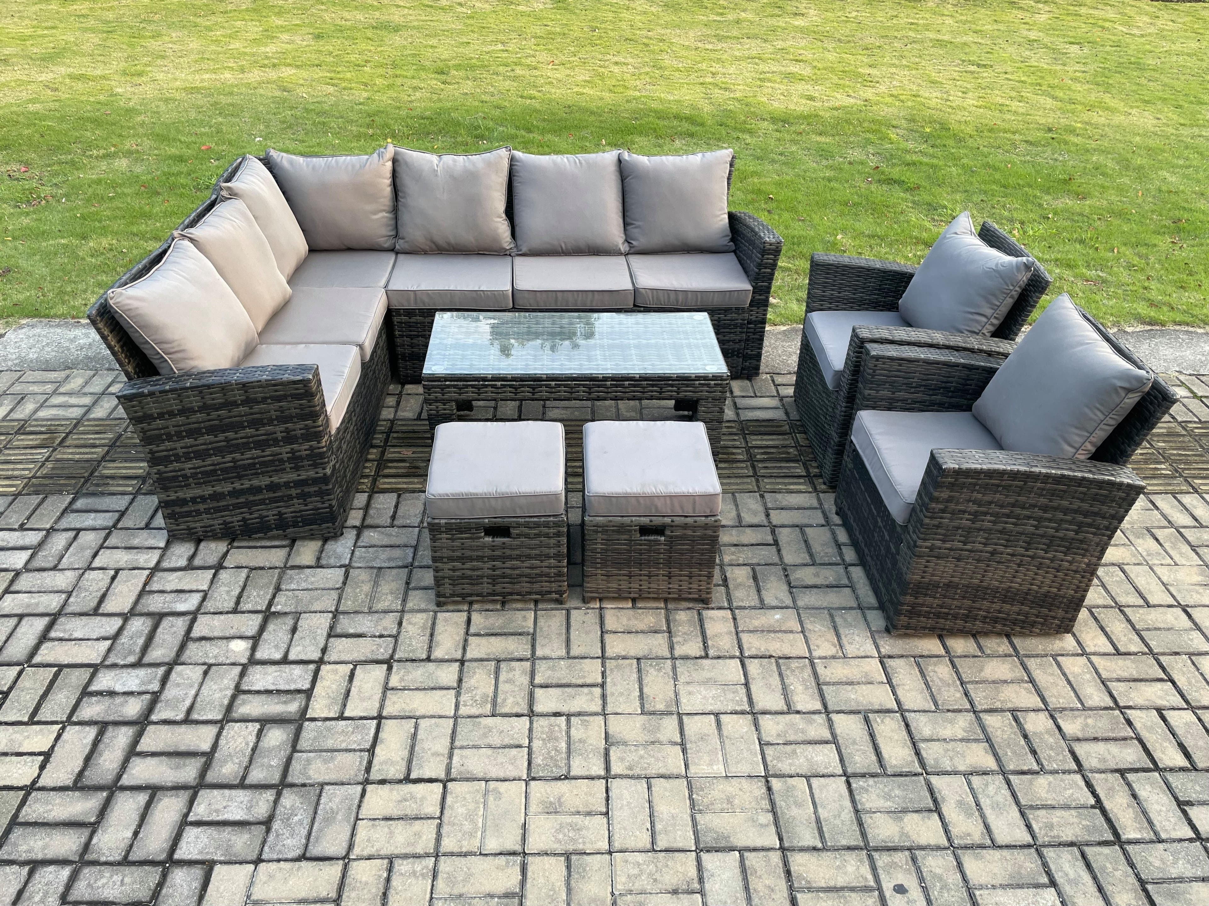 10 Seat Rattan Garden Furniture Corner Sofa Set Outdoor Patio Sofa Chair Table Set 2 Small Footstools Dark Grey