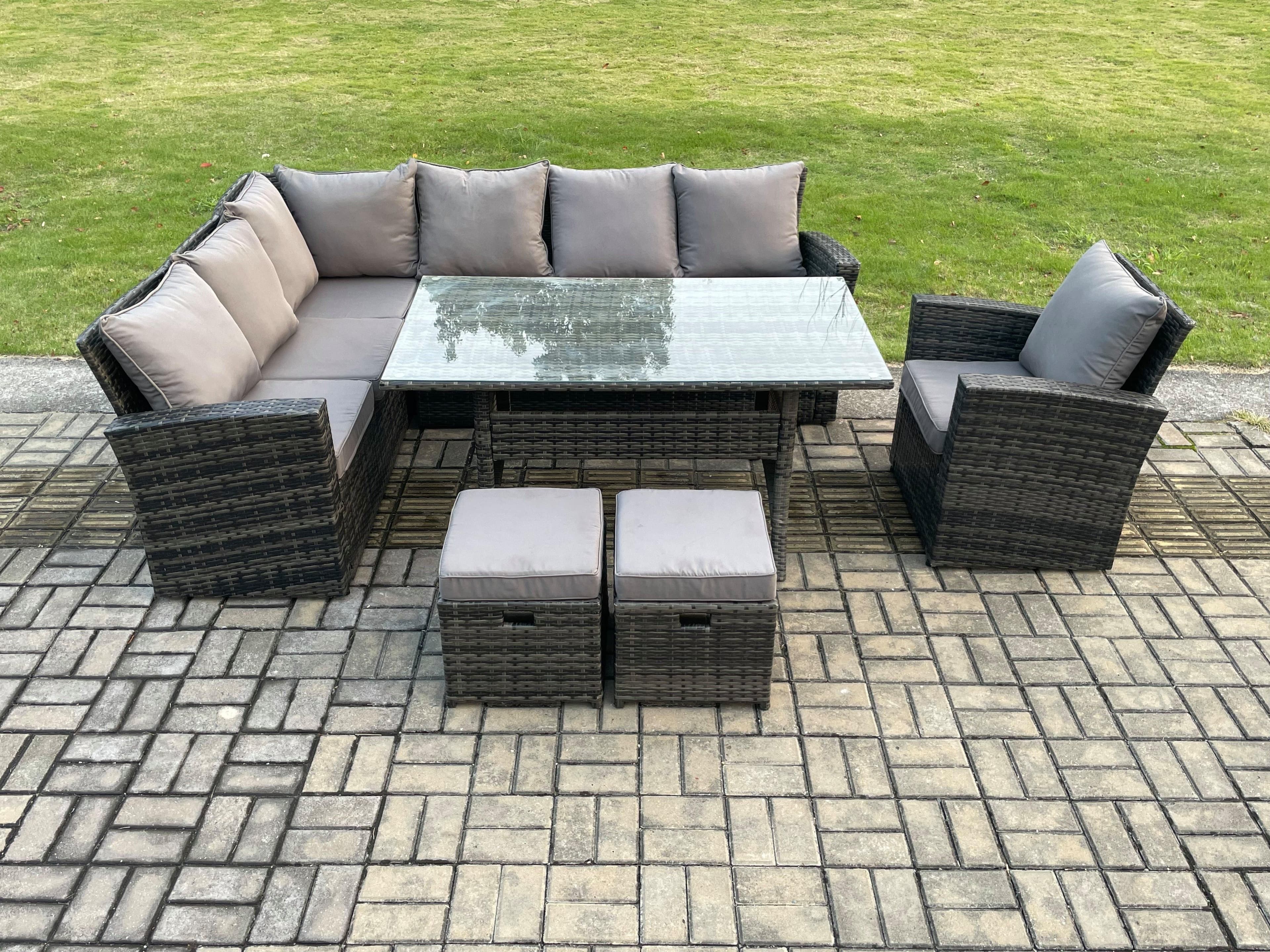 9 Seater Garden Rattan Furniture Corner Dining Set 2 Small Footstools Armchair Indoor Outdoor Lounge Sofa Set