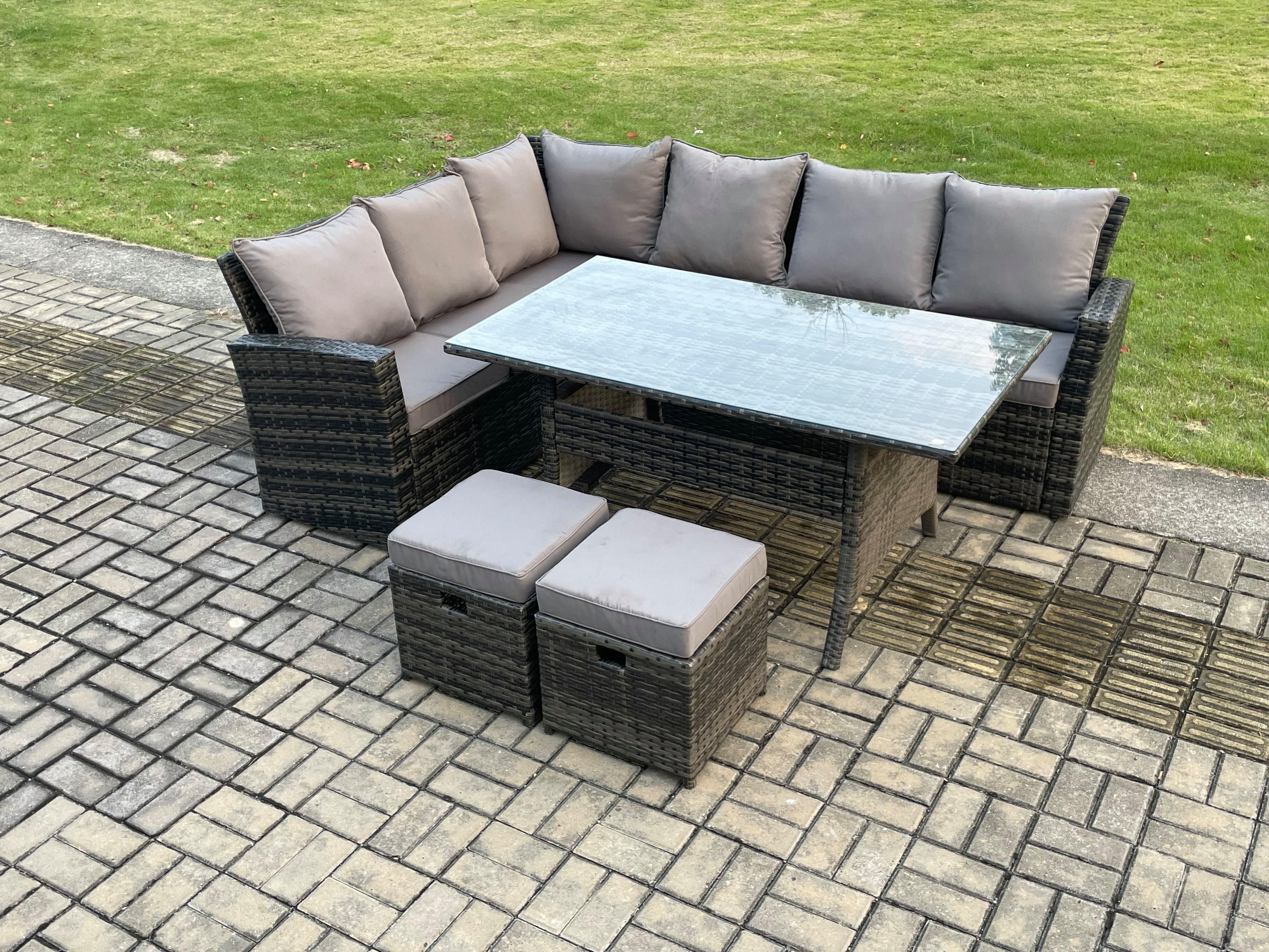 8 Seater Garden Rattan Furniture Corner Dining Set 2 Small Footstools Indoor Outdoor Lounge Sofa Set