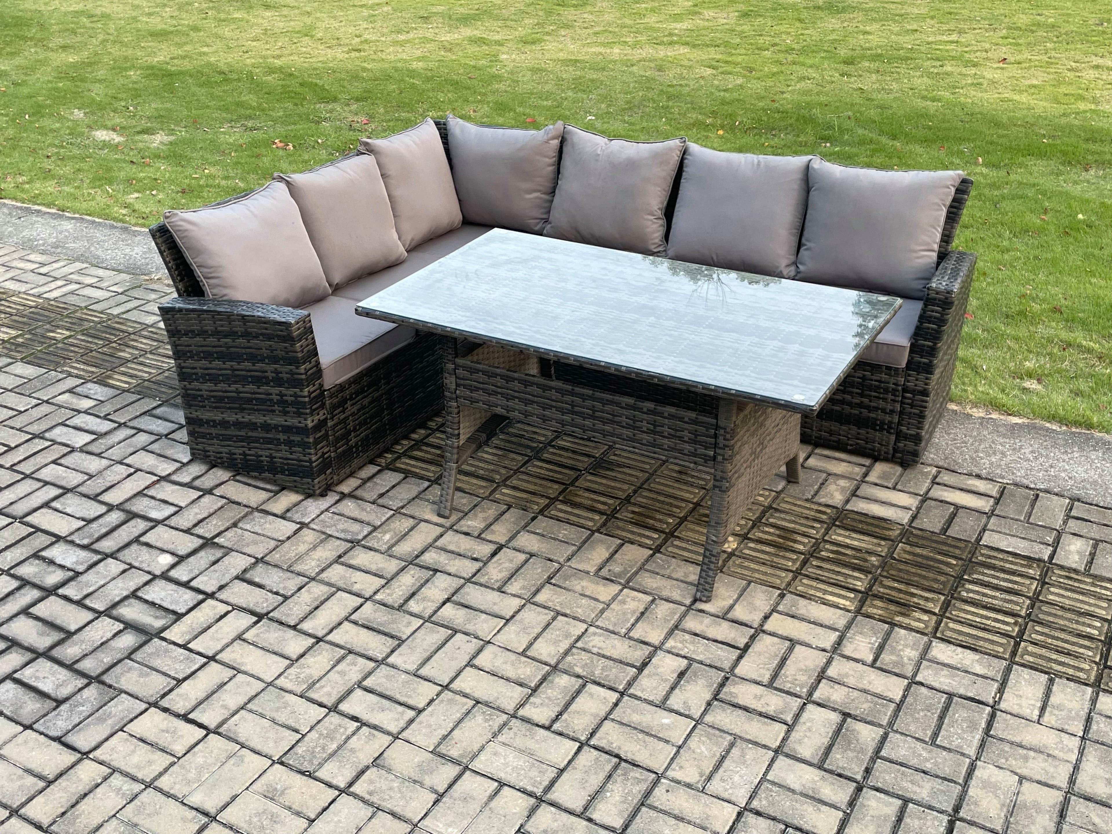 6 Seater Garden Rattan Furniture Corner Dining Set Rectangular Dining Table Indoor Outdoor Lounge Sofa Set Dark Grey Mixed