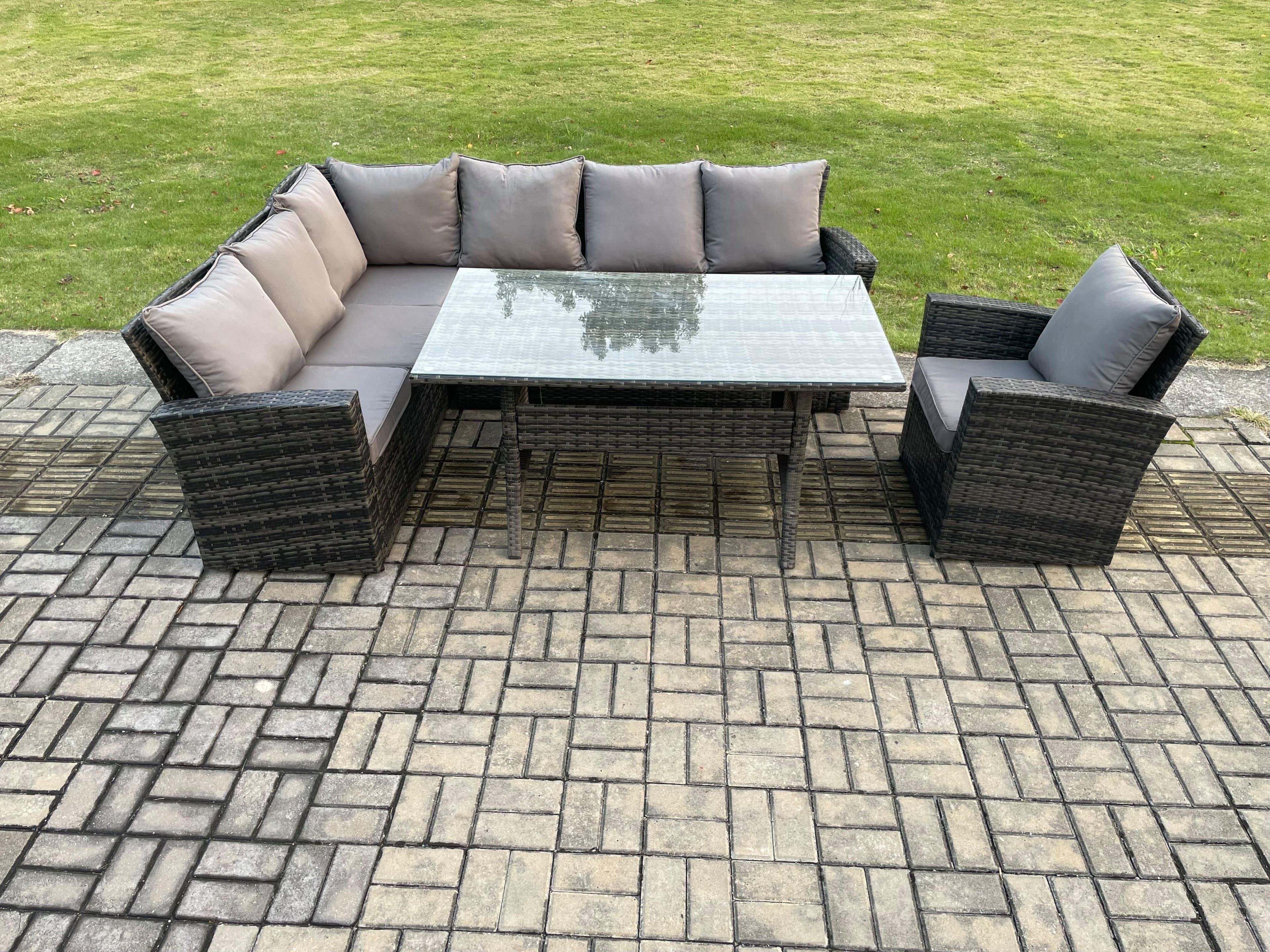 7 Seater Garden Rattan Furniture Corner Dining Set Indoor Outdoor Lounge Sofa Set Dark Grey Mixed