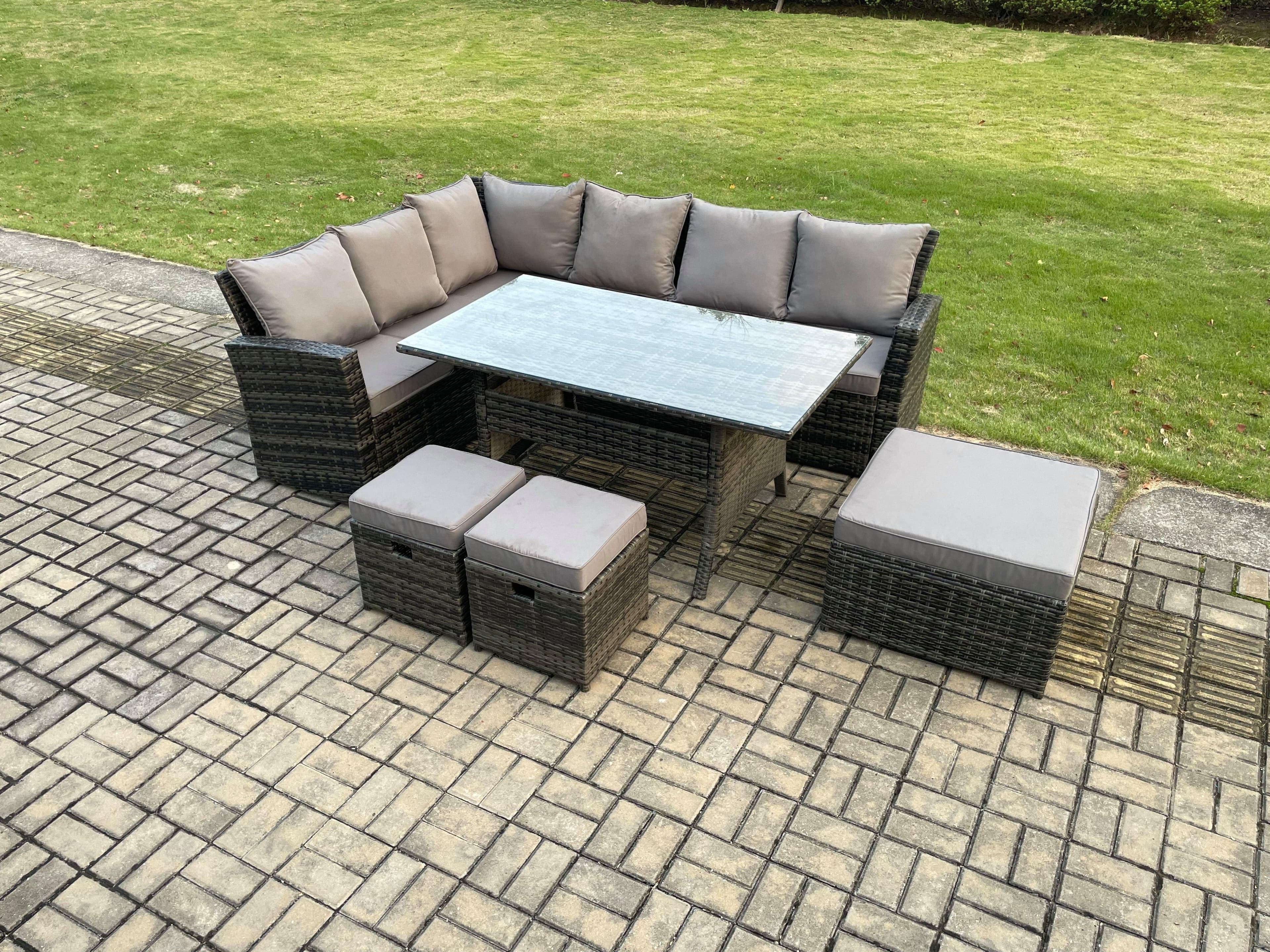 9 Seater Garden Rattan Furniture Corner Dining Set 3 Footstools Indoor Outdoor Lounge Sofa Set Dark Grey Mixed
