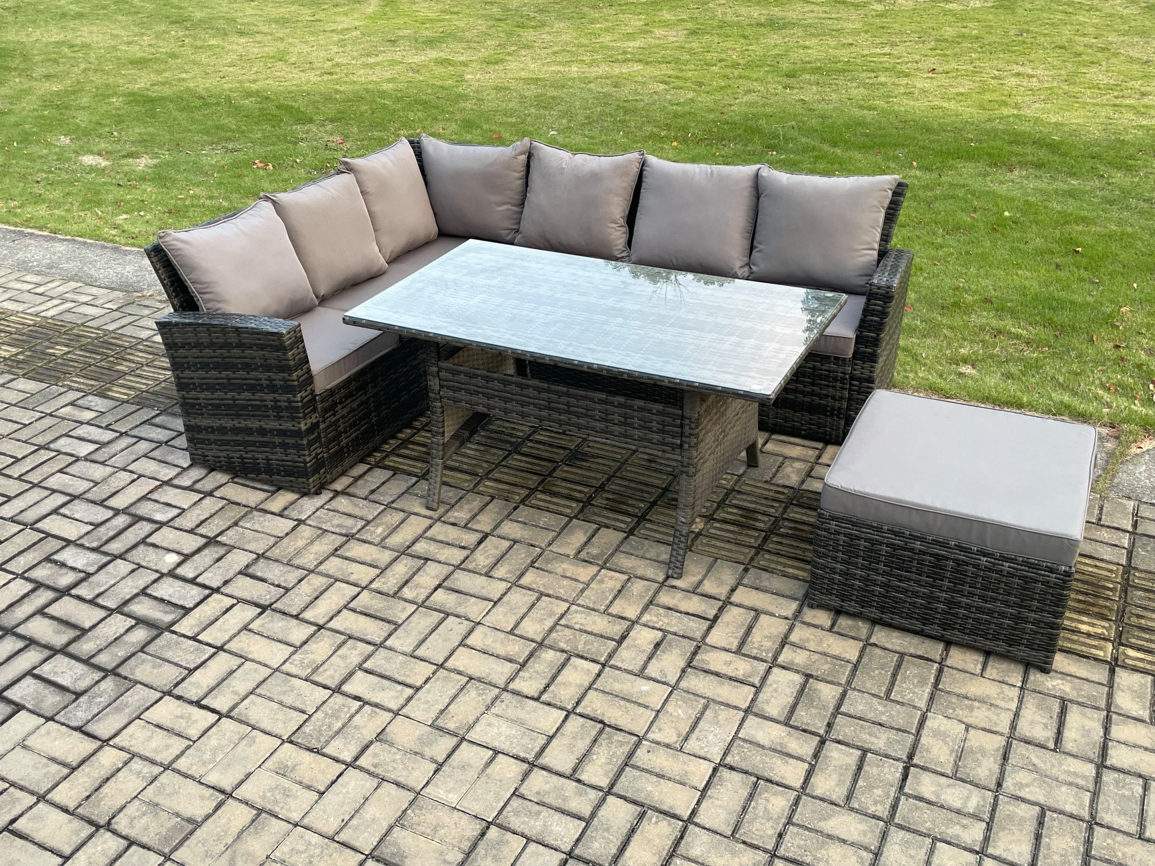 7 Seater Garden Rattan Furniture Corner Dining Set Big Footstool Indoor Outdoor Lounge Sofa Set Dark Grey Mixed