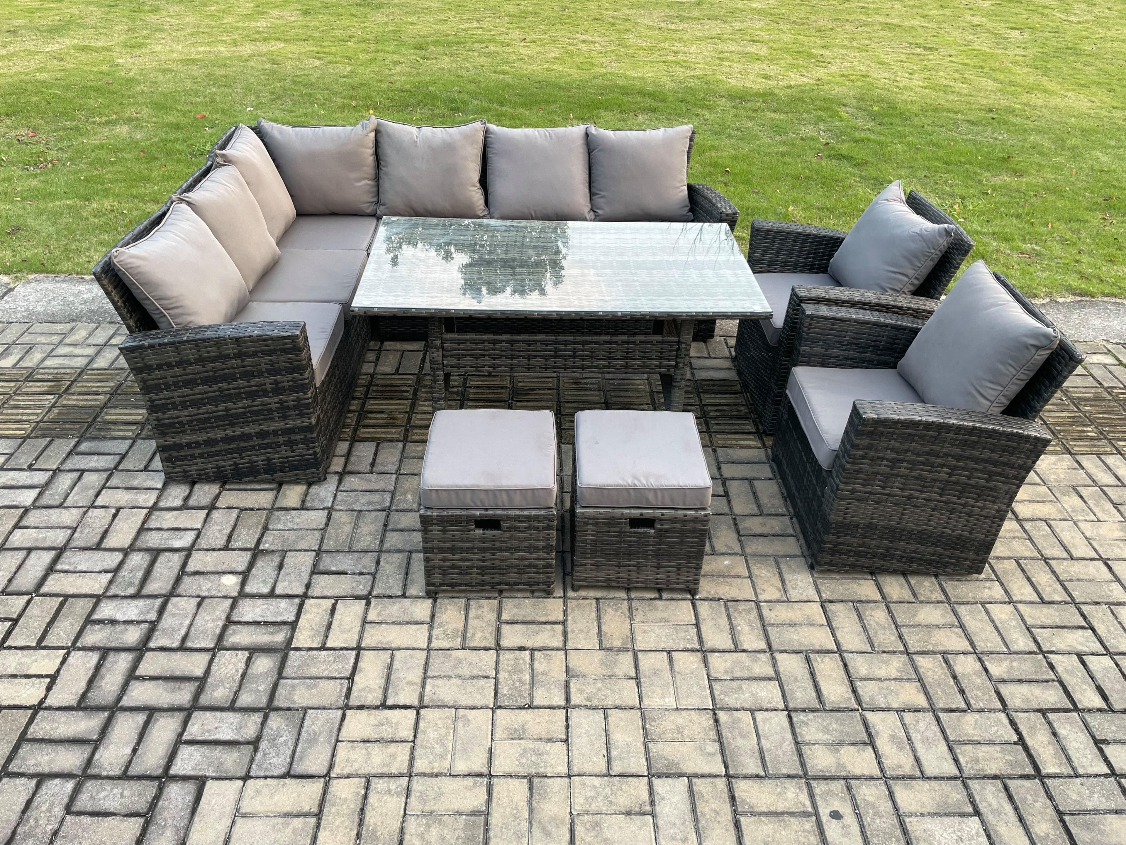 10 Seater Garden Rattan Furniture Corner Dining Set 2 Small Footstools Armchair Indoor Outdoor Lounge Sofa Set Dark Grey Mixed