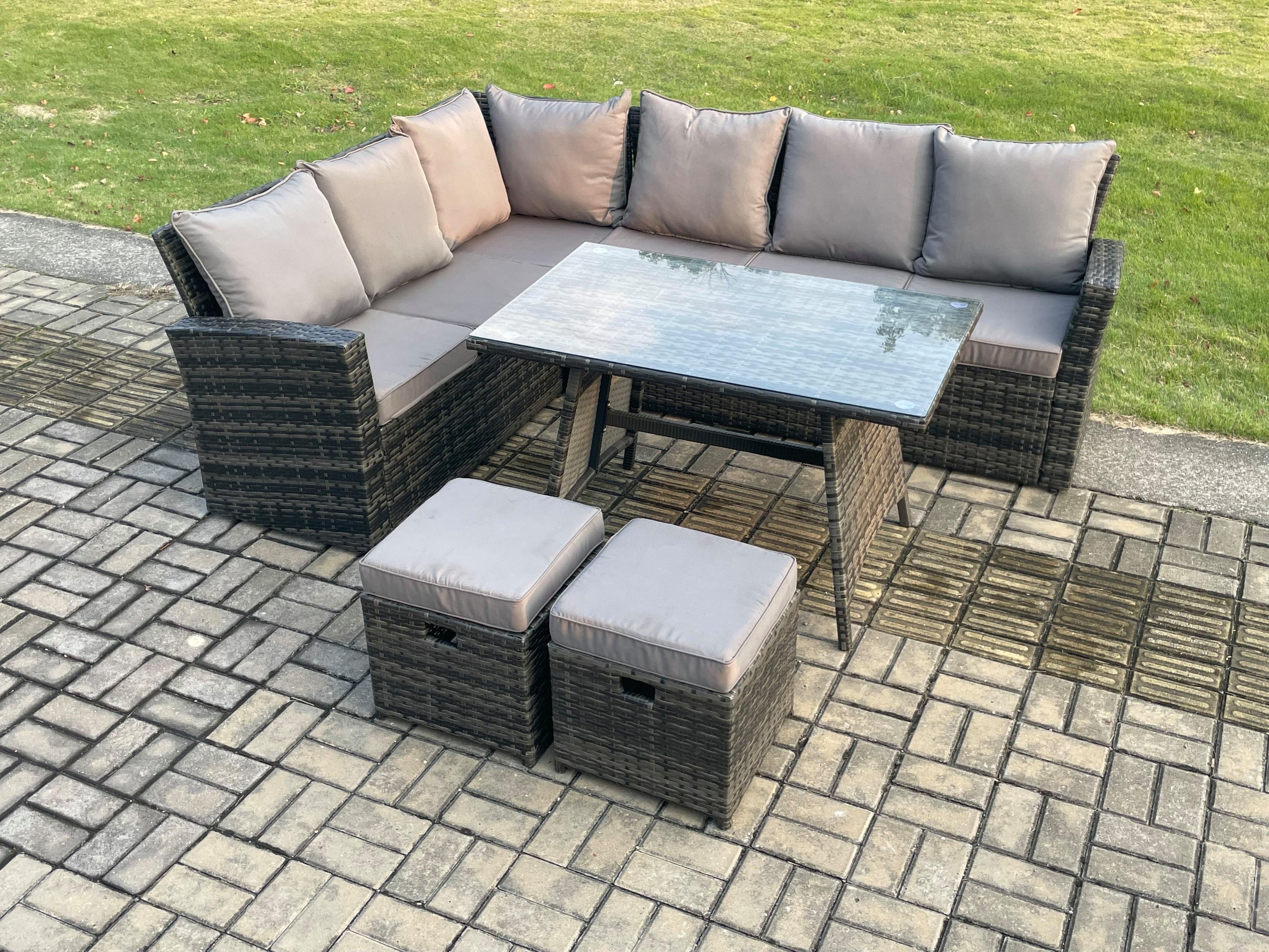 Outdoor Furniture Garden Dining Set Rattan Corner Sofa Set 2 Small Footstools Dark Grey Mixed