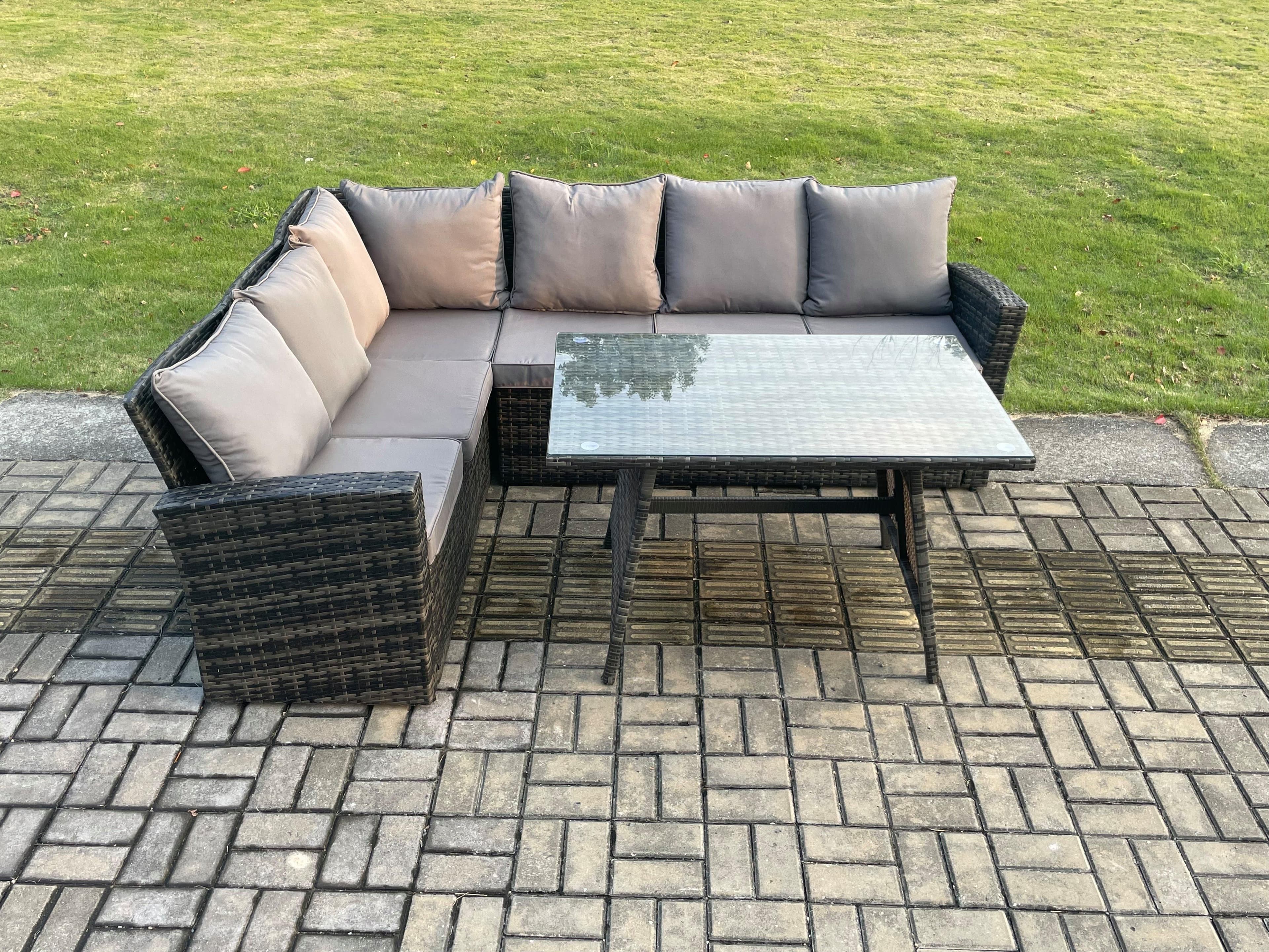 Outdoor Furniture Garden Dining Set Rattan Corner Sofa Set Rectangular Dining Table Dark Grey Mixed