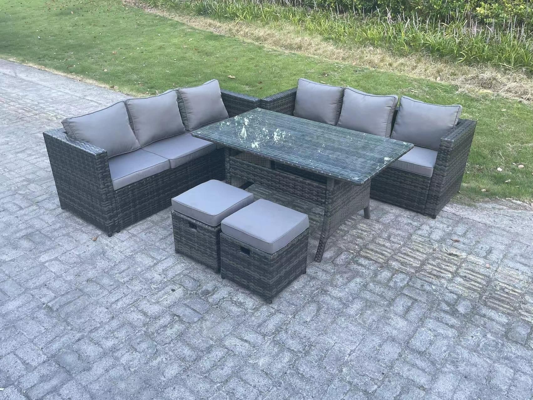 PE Wicker Outdoor Garden Furniture Set Patio Rattan Rectangular Dining Table Sofa 2 Stool 8 Seater