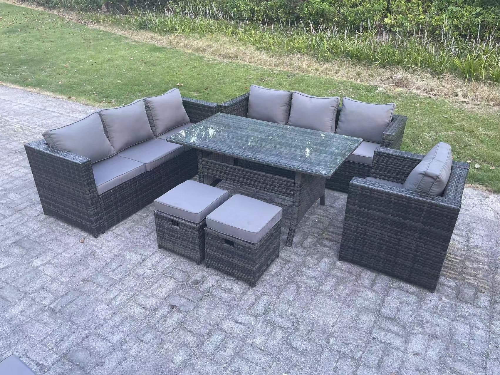 Lounge Sofa Garden Furniture Set Rattan Rectangular Dining Table Patio Chair 2 Small Footstool 9 Seater