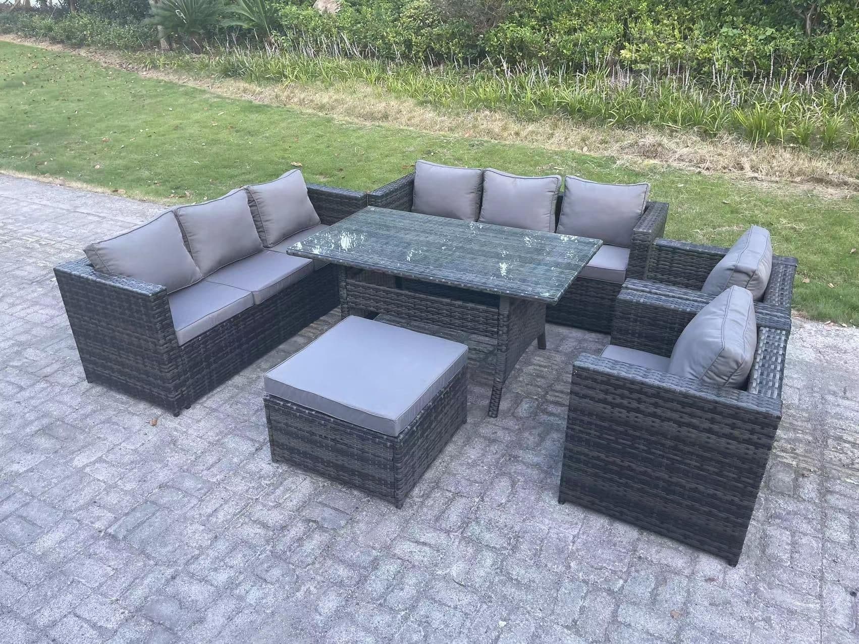 Outdoor Lounge Sofa Garden Furniture Set Patio Rattan Dining Table 2 Armchair Big Footstool 9 Seater