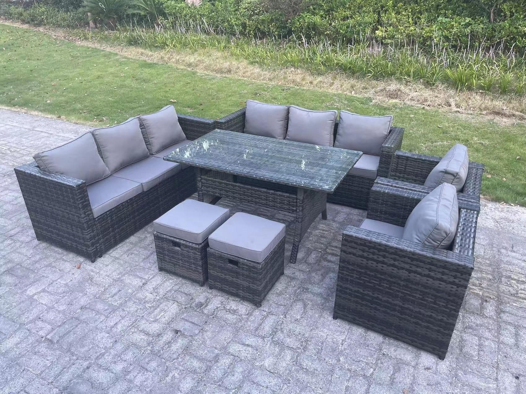 Outdoor Lounge Sofa Garden Furniture Set Patio Rattan Dining Table 2 Armchair 2 Stools 10 Seater