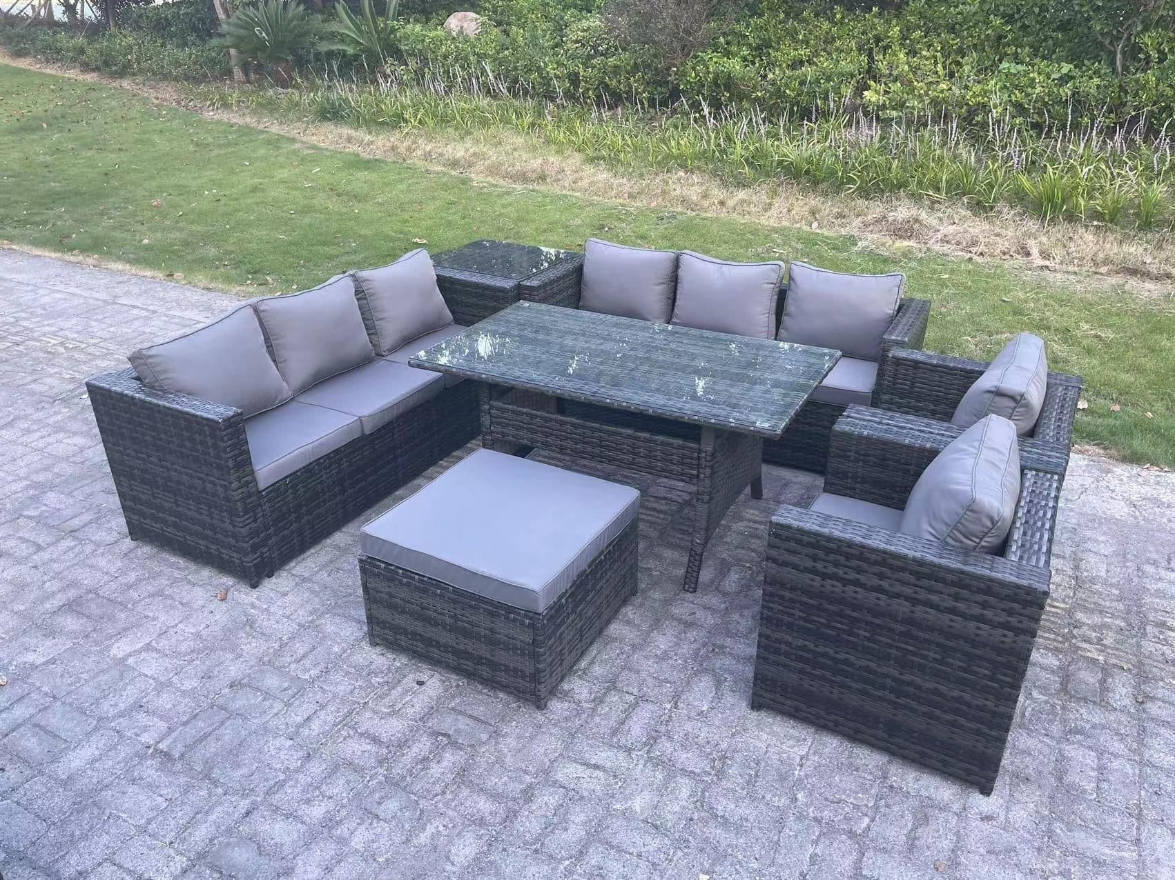 Outdoor Garden Furniture Rattan Lounge Sofa Set Patio Dining Table 2 Armchair Side Table Big Footstool 9 Seater