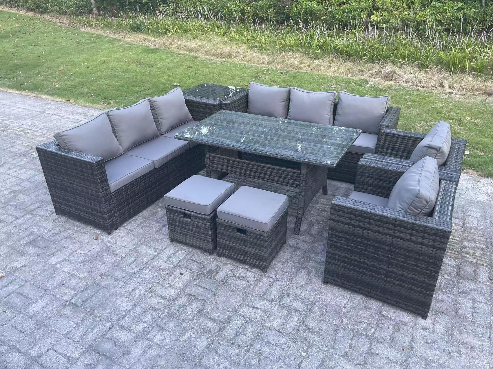 Outdoor Garden Furniture Rattan Lounge Sofa Set Dining Table 2 Armchair Side Table 2 Stool 10 Seater