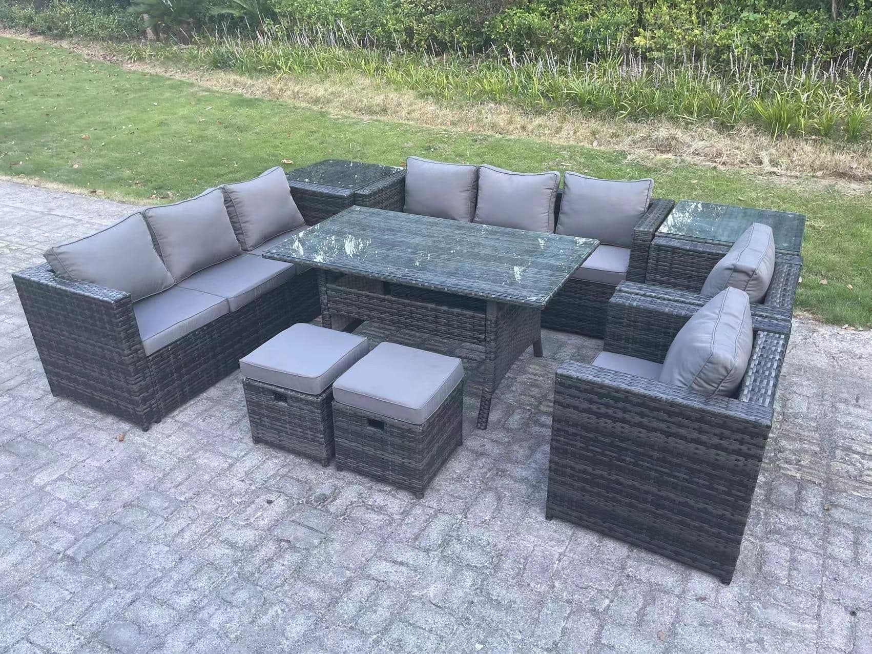 10 Seater Garden Furniture Rattan Lounge Sofa Set Patio Dining Table 2 Armchair 2 Side Table 2 Stools