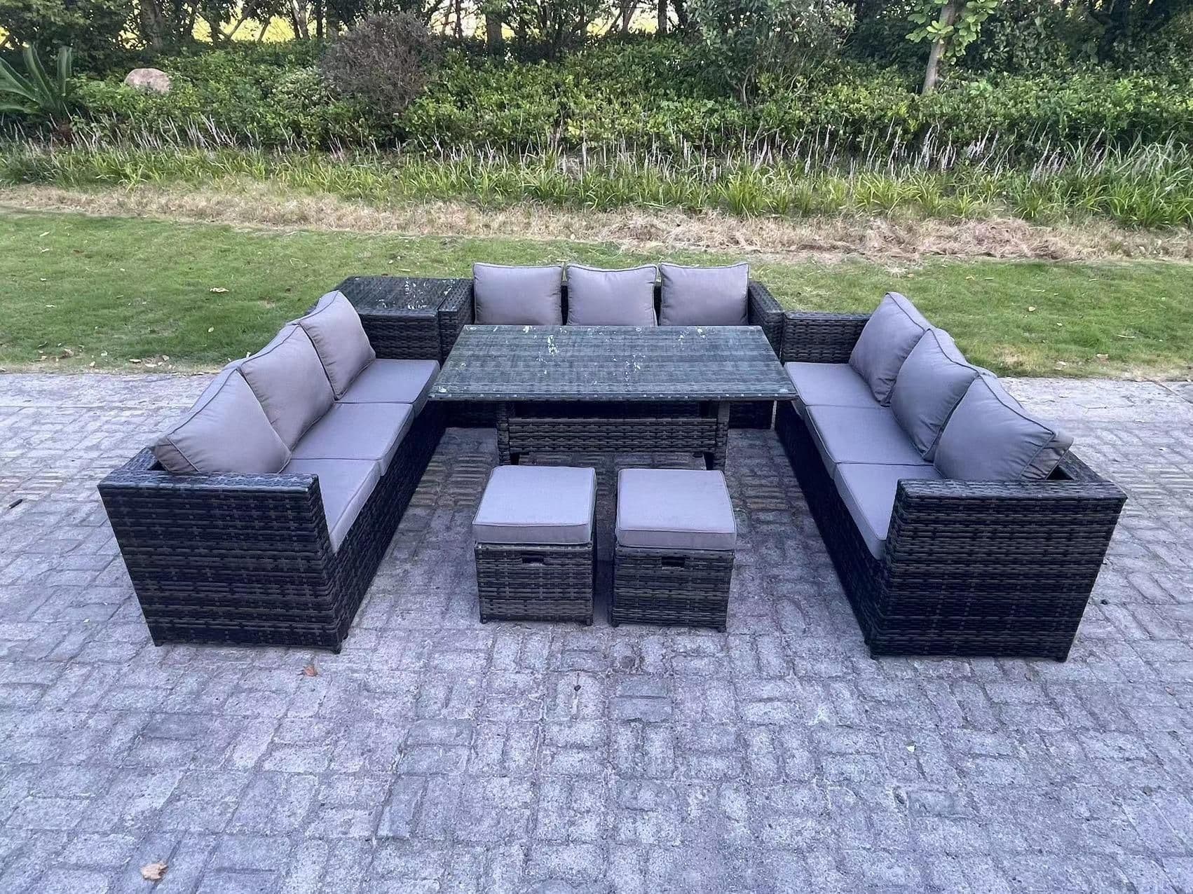 11 Seater Outdoor PE Wicker Garden Furniture Rattan Lounge Sofa Set Rectangular Dining Table 2 Stool