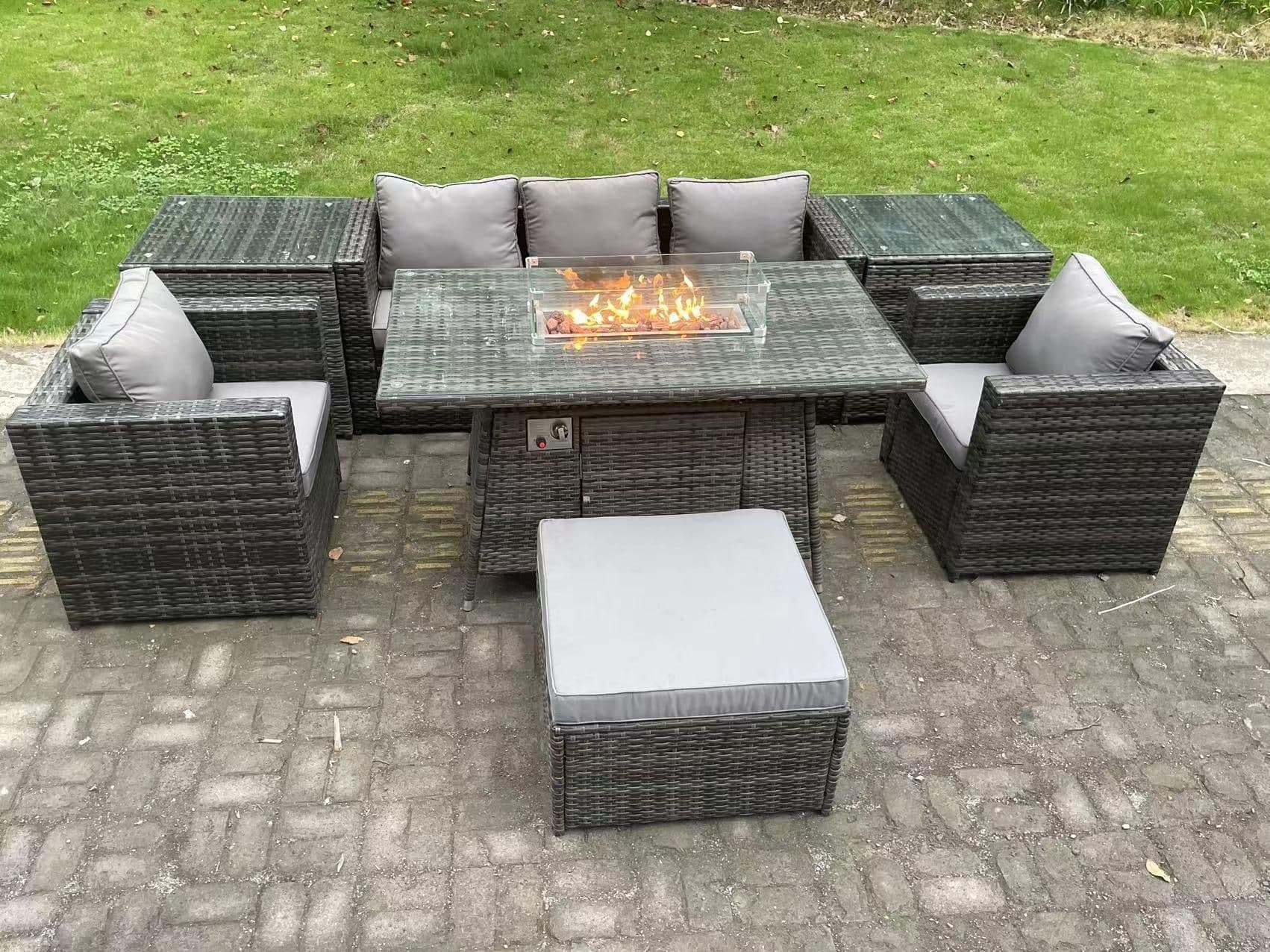 6 Seater Outdoor PE Rattan Garden Furniture Set Gas Fire Pit Dining Table Gas Heater Burner Footstool