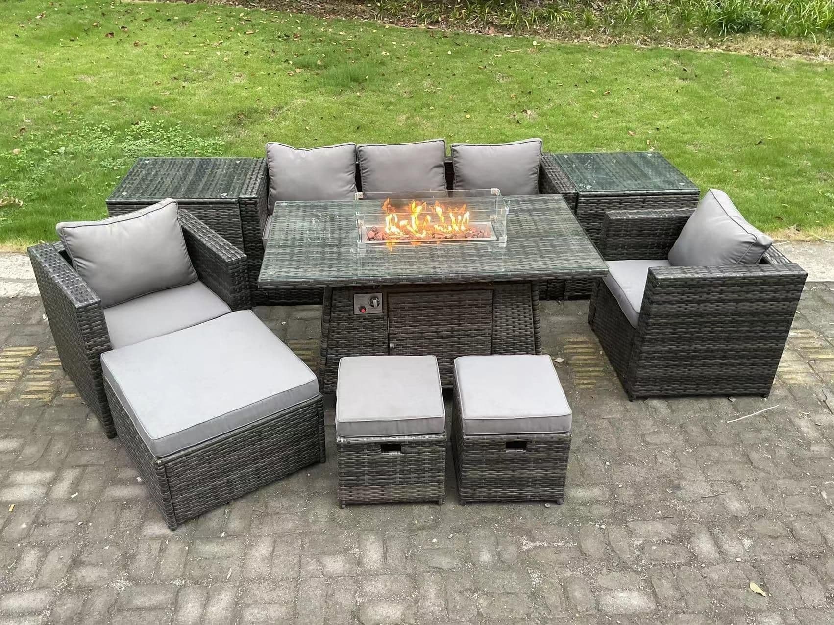 Wicker PE Rattan Garden Furniture Set Gas Fire Pit Dining Table Gas Heater Burner 8 Seater Dark Grey