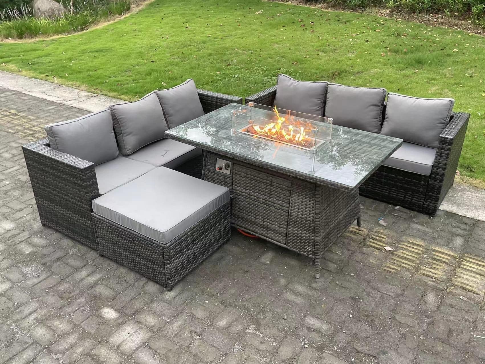 Outdoor Rattan Garden Furniture Sofa Set Gas Fire Pit Dining Table Gas Heater Burner 3 Seater Sofa