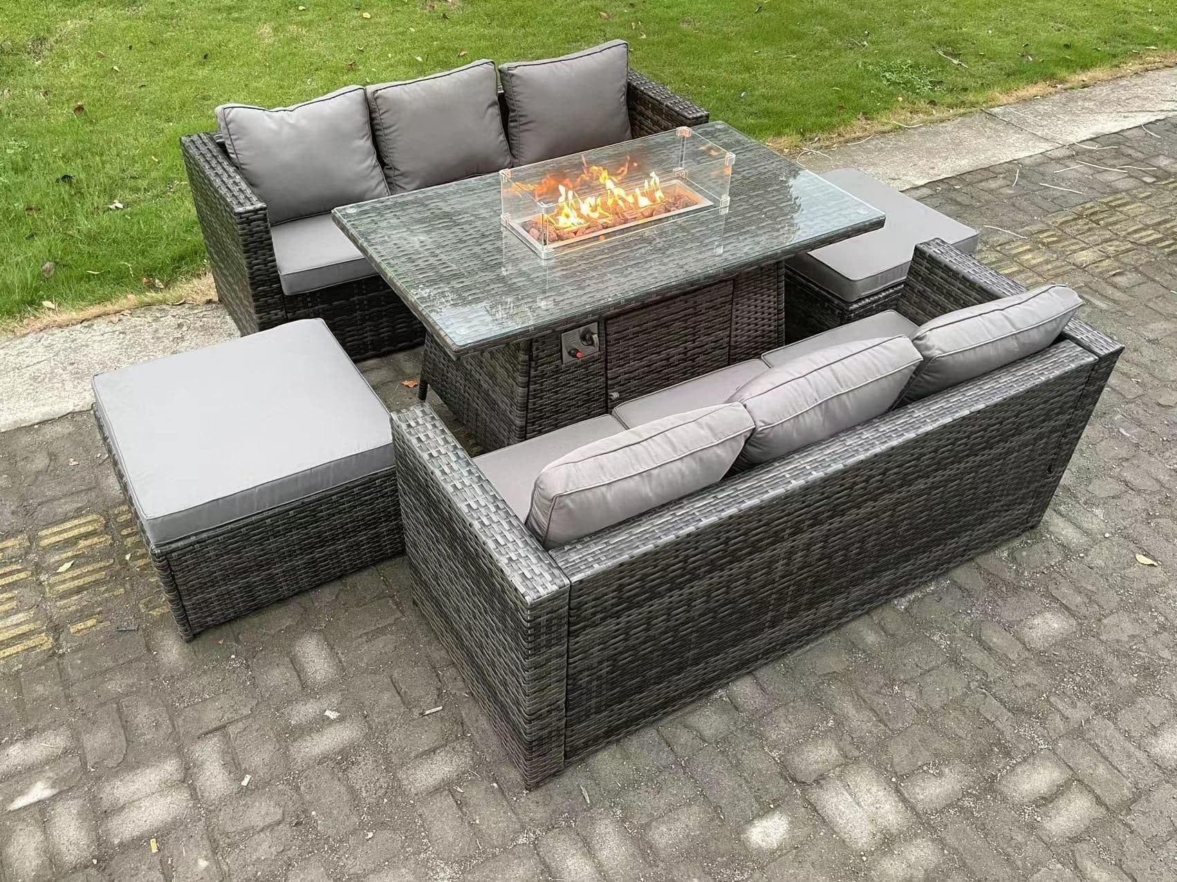 8 Seater Outdoor Rattan Garden Furniture Sofa Set Gas Fire Pit Dining Table Gas Heater Burner Footstool