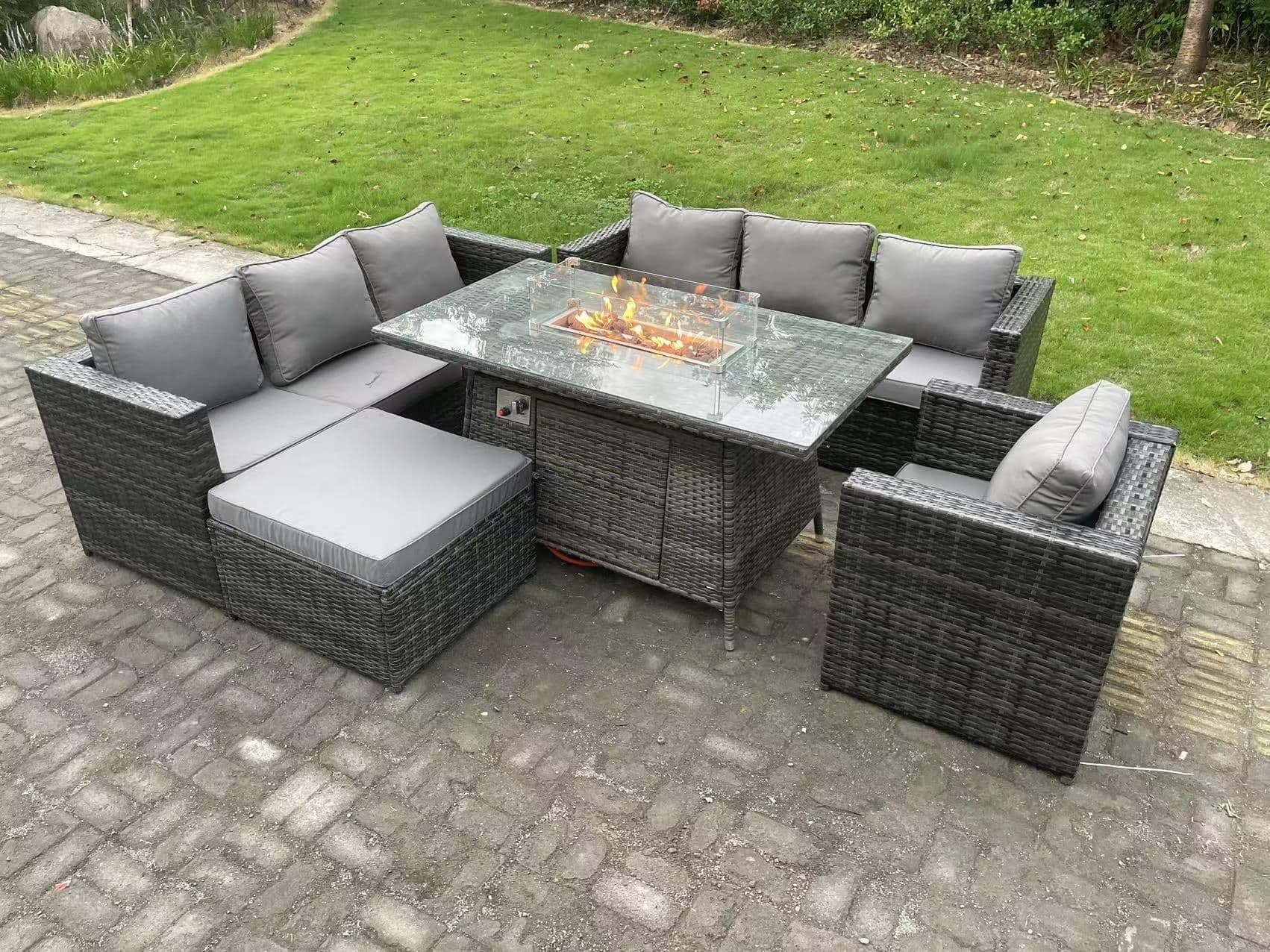 Outdoor Rattan Garden Furniture Sofa Set Gas Fire Pit Dining Table Gas Heater Burner Armchair