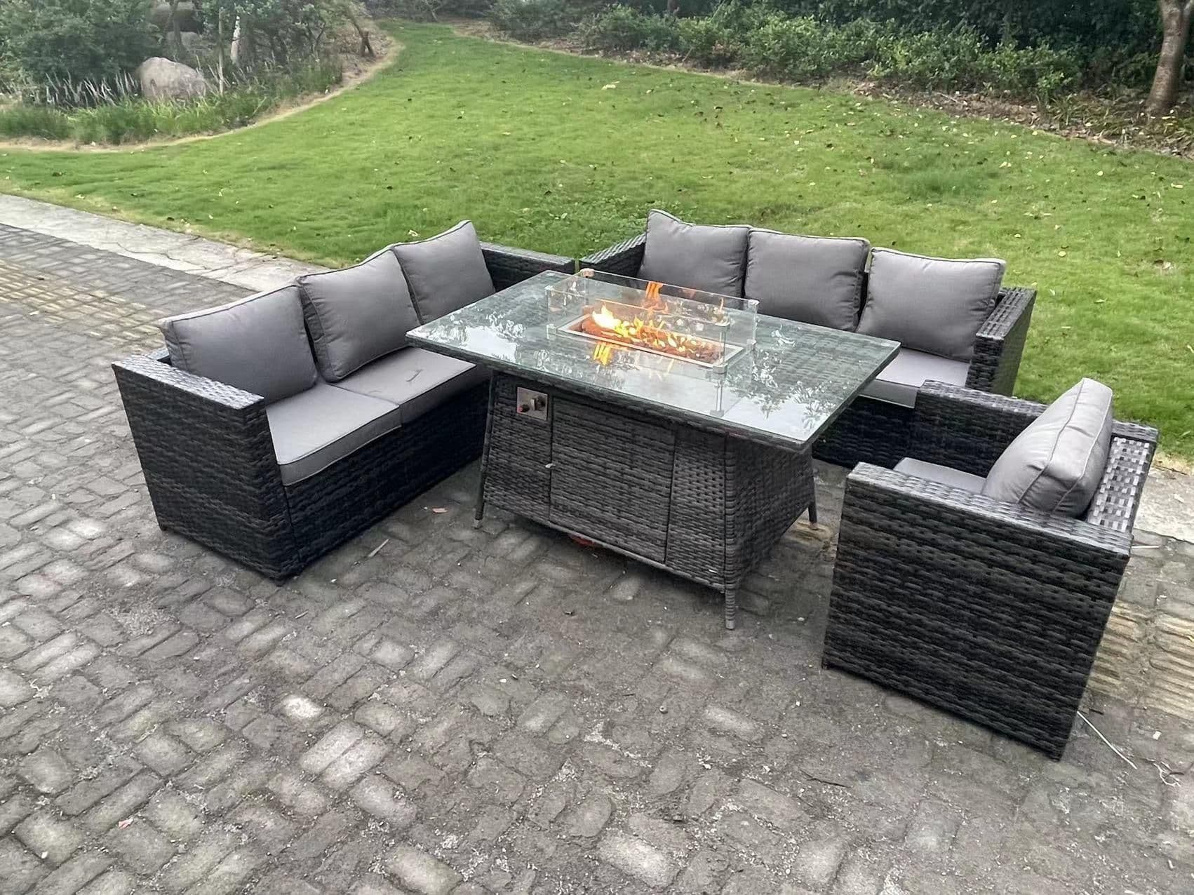 Outdoor Rattan Garden Furniture Sofa Set Gas Fire Pit Dining Table Gas Heater Burner Armchair 7 Seater