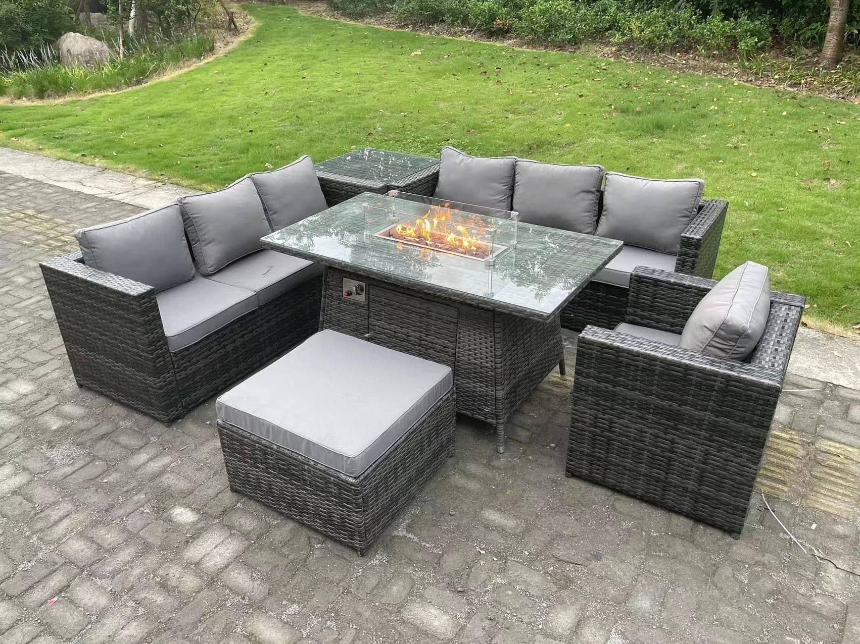 Rattan Garden Furniture Sofa Set Outdoor Patio Gas Fire Pit Dining Table Gas Heater Burner Side Table