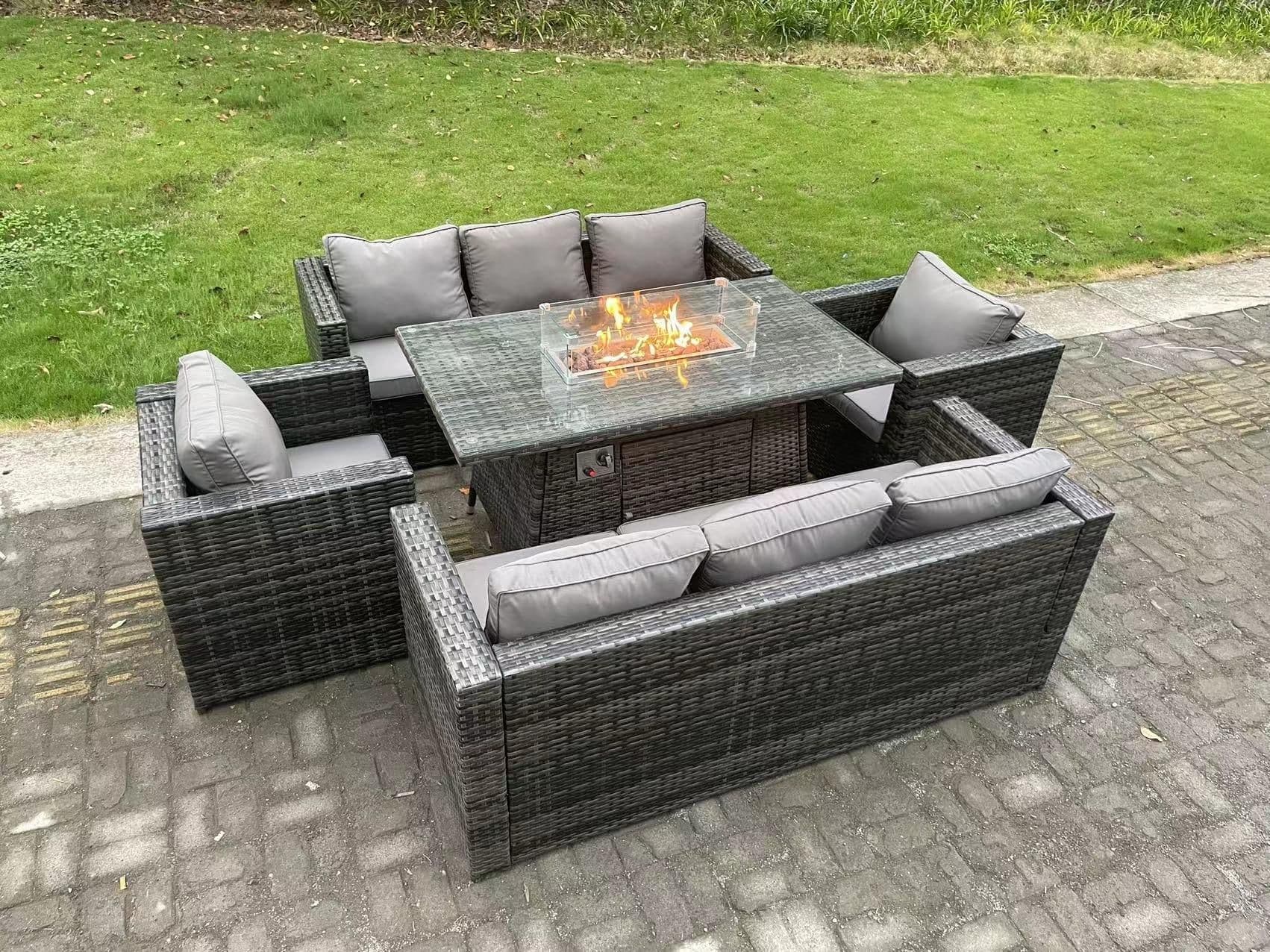 8 Seater Rattan Garden Furniture Sofa Set Outdoor Patio Gas Fire Pit Dining Table Gas Heater Burner
