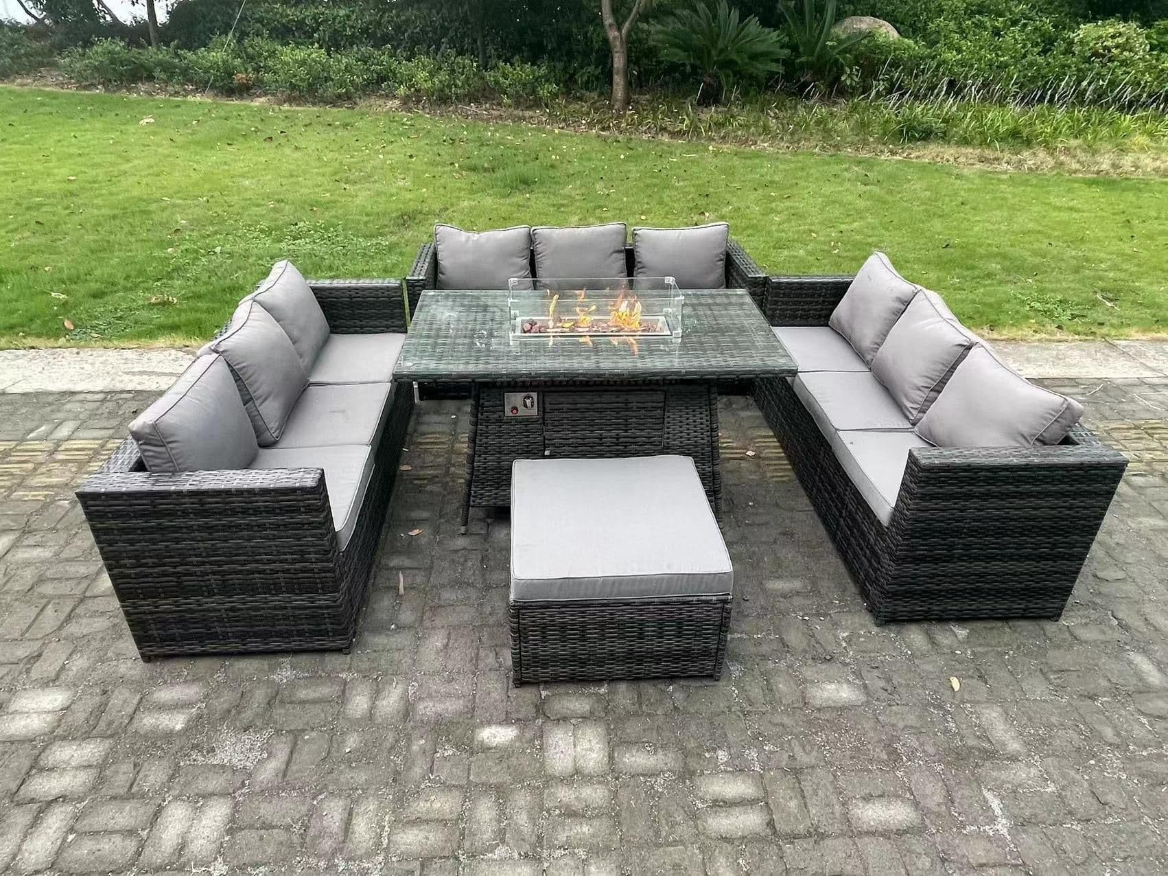 Rattan Garden Furniture Sofa Set Outdoor Patio Gas Fire Pit Dining Table Gas Heater Burner 10 Seater