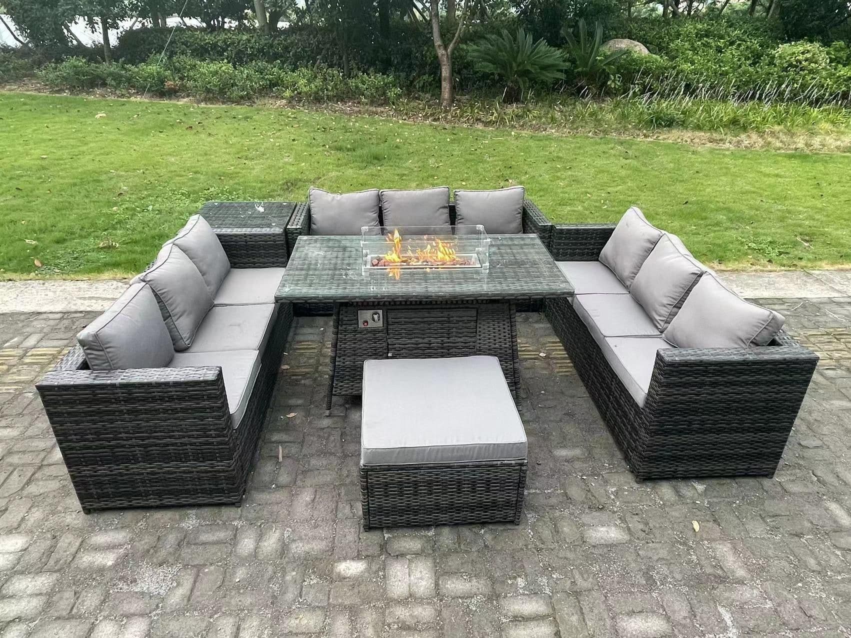 10 Seater Rattan Garden Furniture Sofa Set Outdoor Gas Fire Pit Dining Table Gas Heater Burner